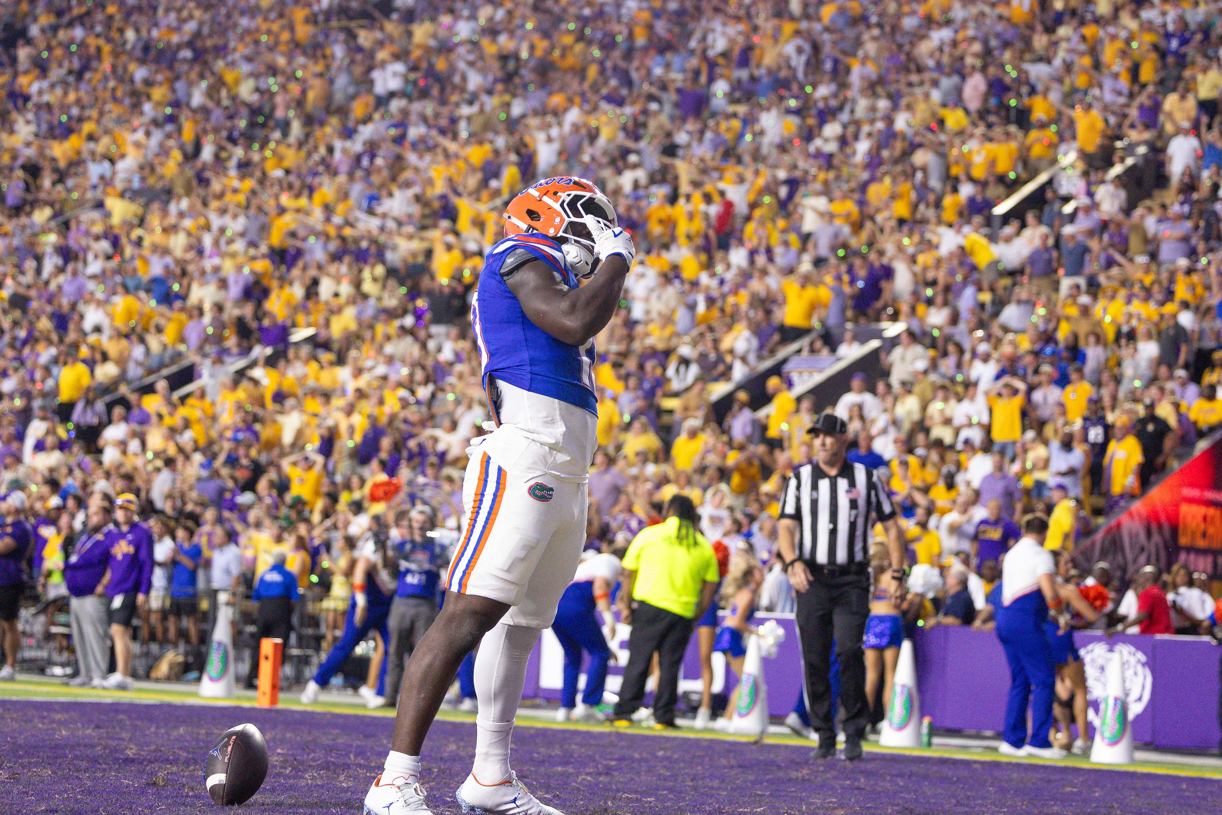 Sep 13, 2025; Baton Rouge, Louisiana, USA; Florida Gators running back Jadan Baugh (13) catches a pass for a touchdown against the LSU Tigers that was called back for a penalty during the first half at Tiger Stadium.