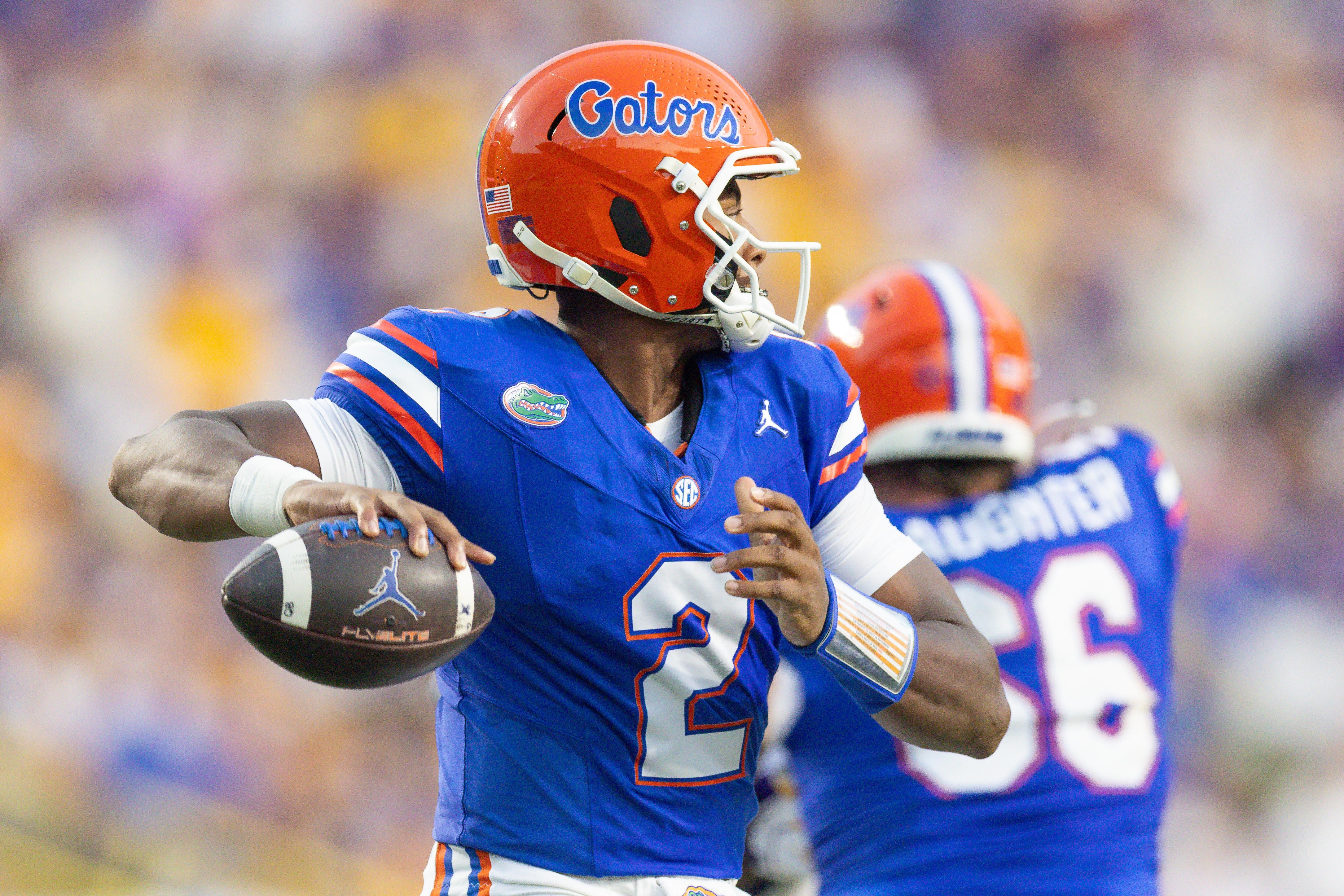 Sep 13, 2025; Baton Rouge, Louisiana, USA; Florida Gators quarterback DJ Lagway (2) passes against the Florida Gators during the first half at Tiger Stadium.