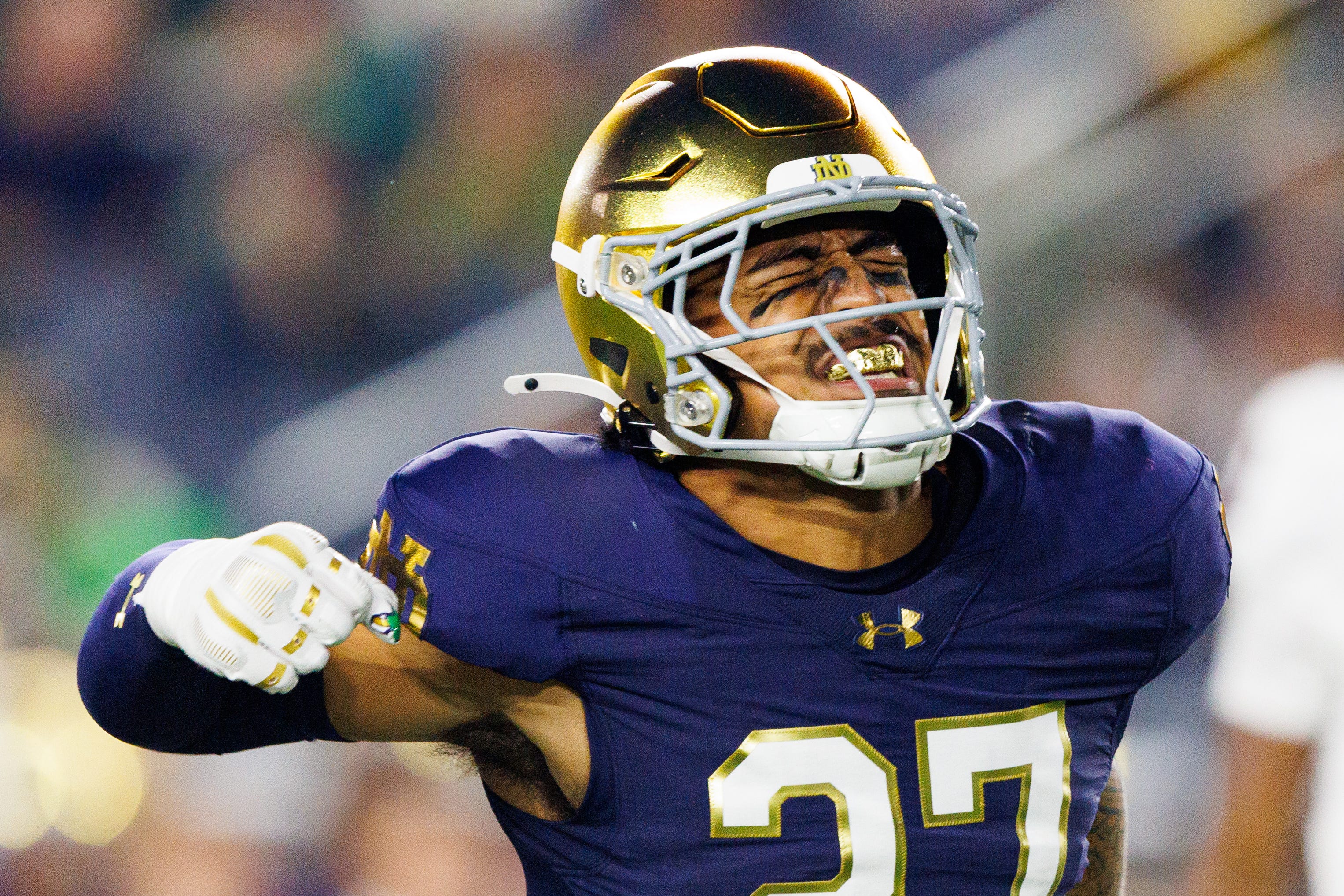 Notre Dame linebacker Kyngstonn Viliamu-Asa celebrates after getting a stop in the first half of a NCAA football game against Texas A&M at Notre Dame Stadium on Saturday, Sept. 13, 2025, in South Bend.