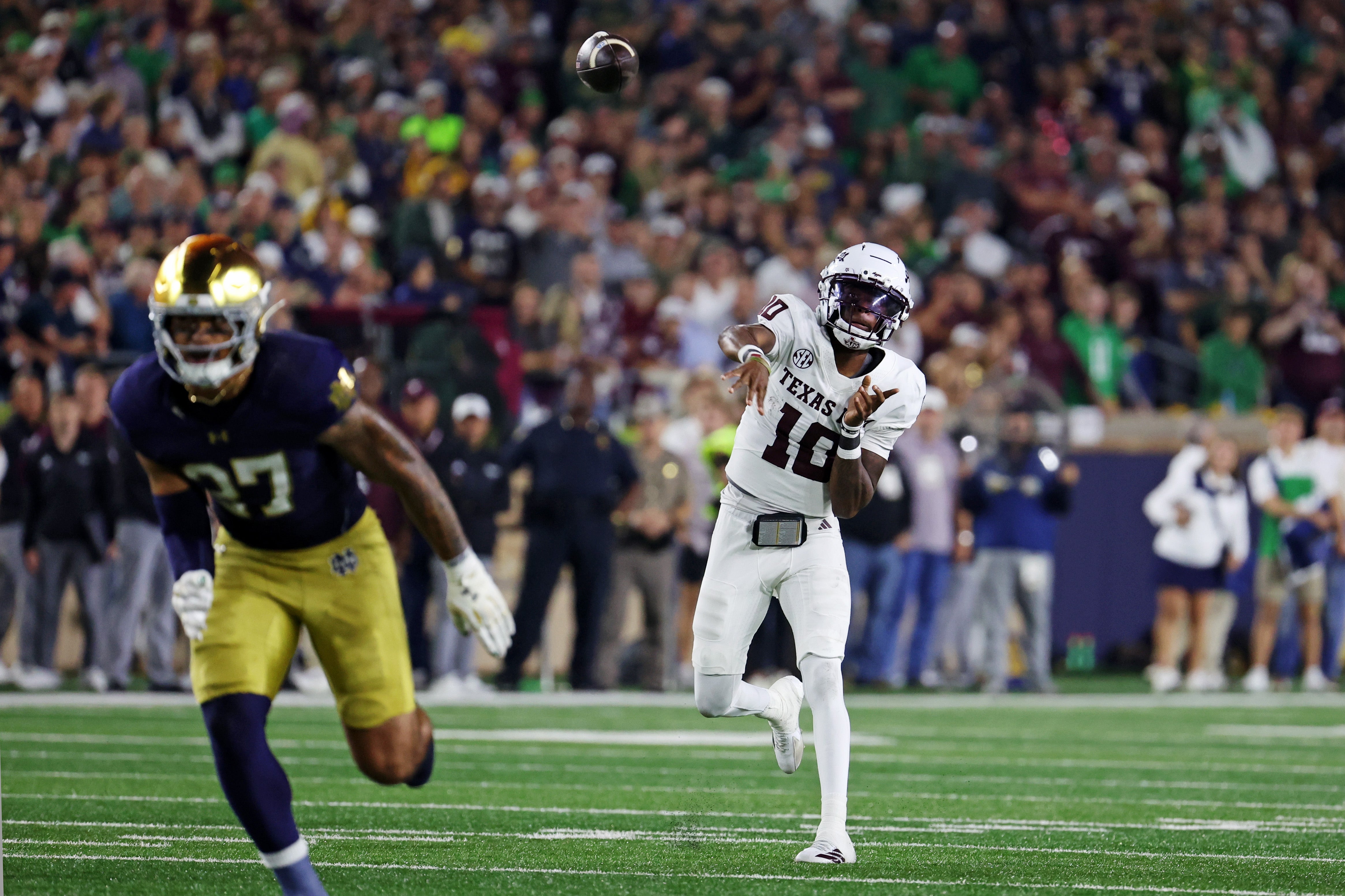 Sep 13, 2025; South Bend, Indiana, USA; Texas A&M Aggies quarterback Marcel Reed (10) throws a pass during the second half against the Notre Dame Fighting Irish at Notre Dame Stadium.