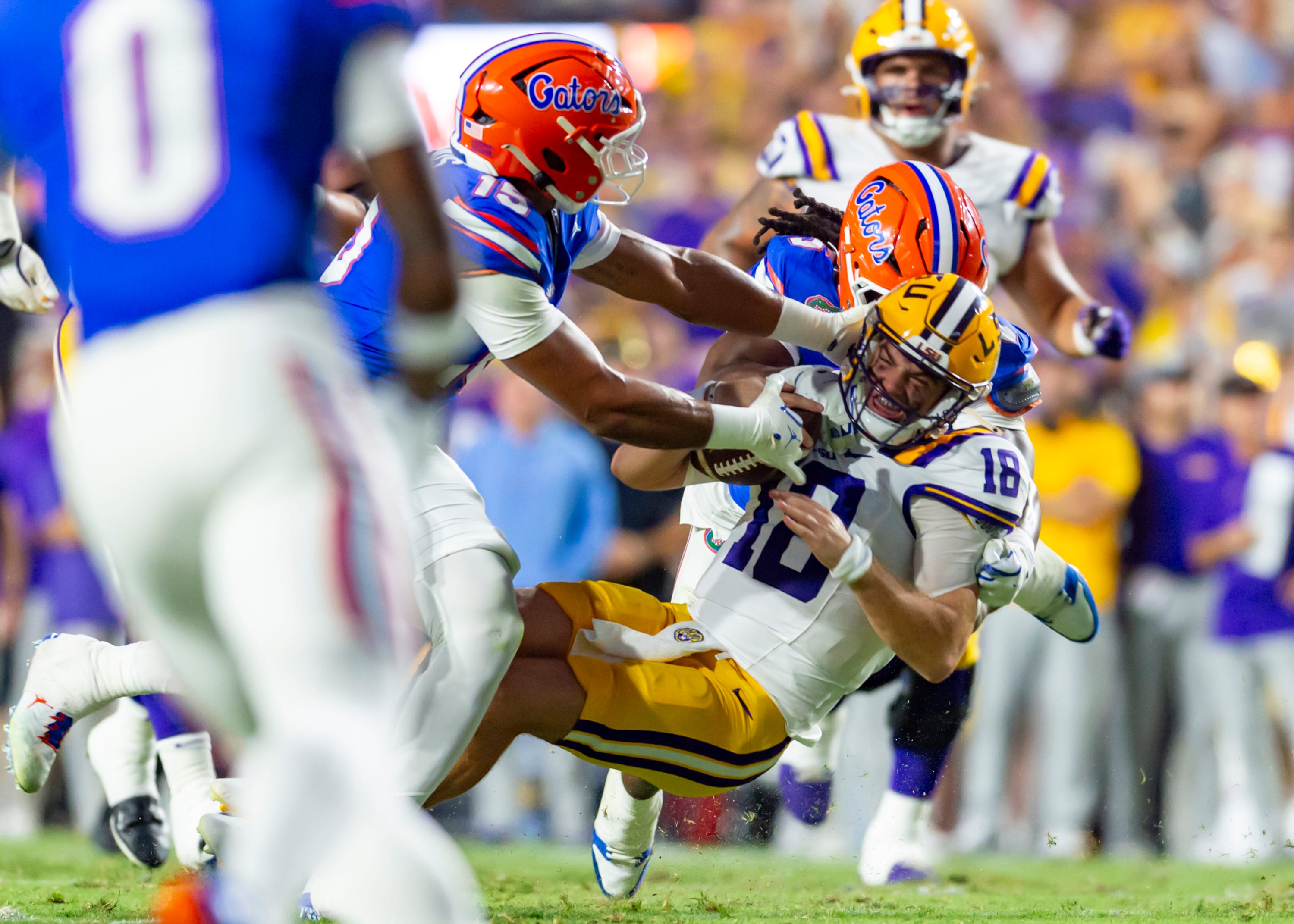 Tigers Quarterback Garrett Nussmeier 18, LSU Tigers take on the Florida Gators. Sept 13, 2025; Baton Rouge, Louisiana, USA; at Tiger Stadium.