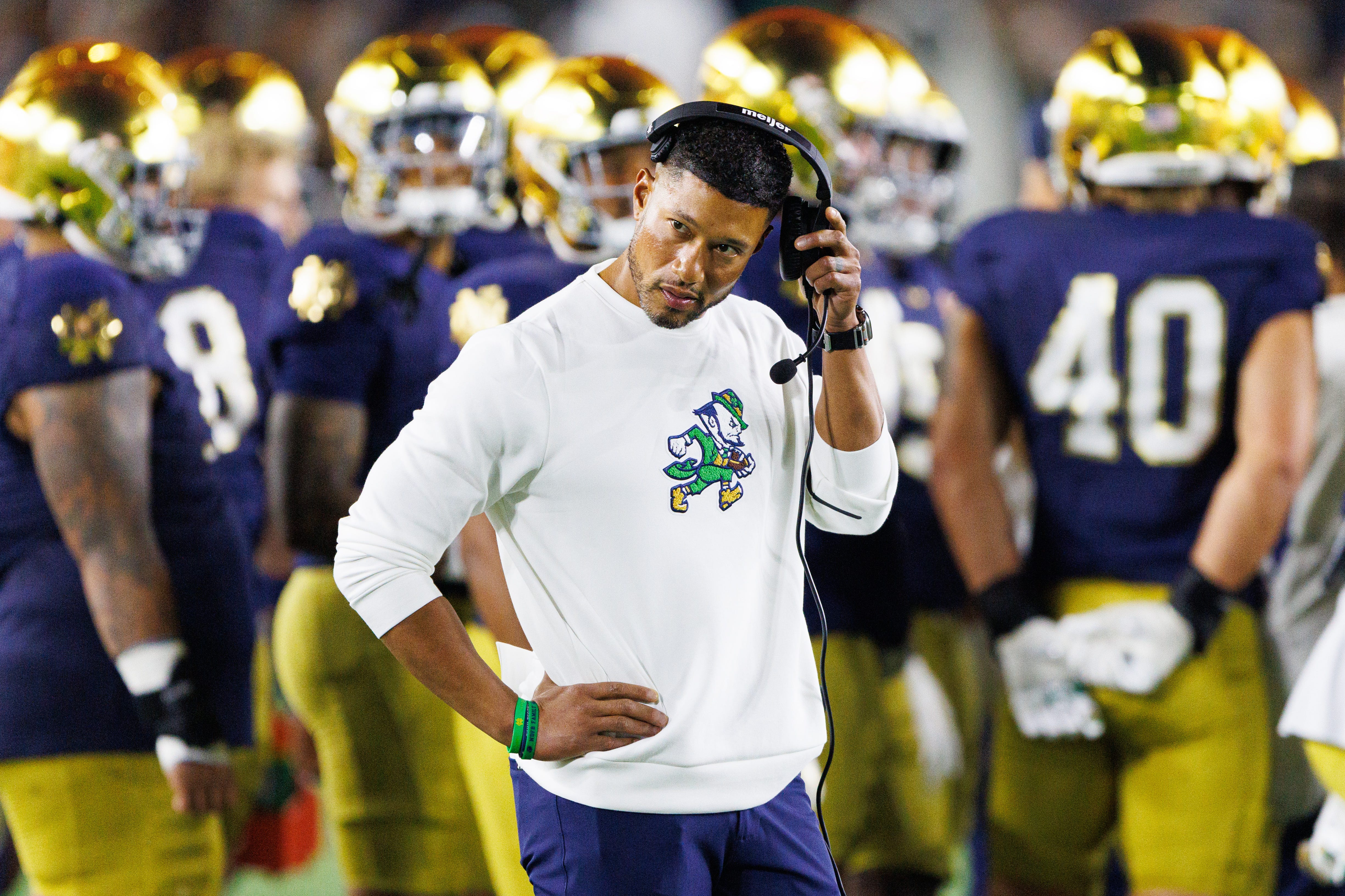 Notre Dame head coach Marcus Freeman looks on in the second half of a NCAA football game against Texas A&M at Notre Dame Stadium on Saturday, Sept. 13, 2025, in South Bend.