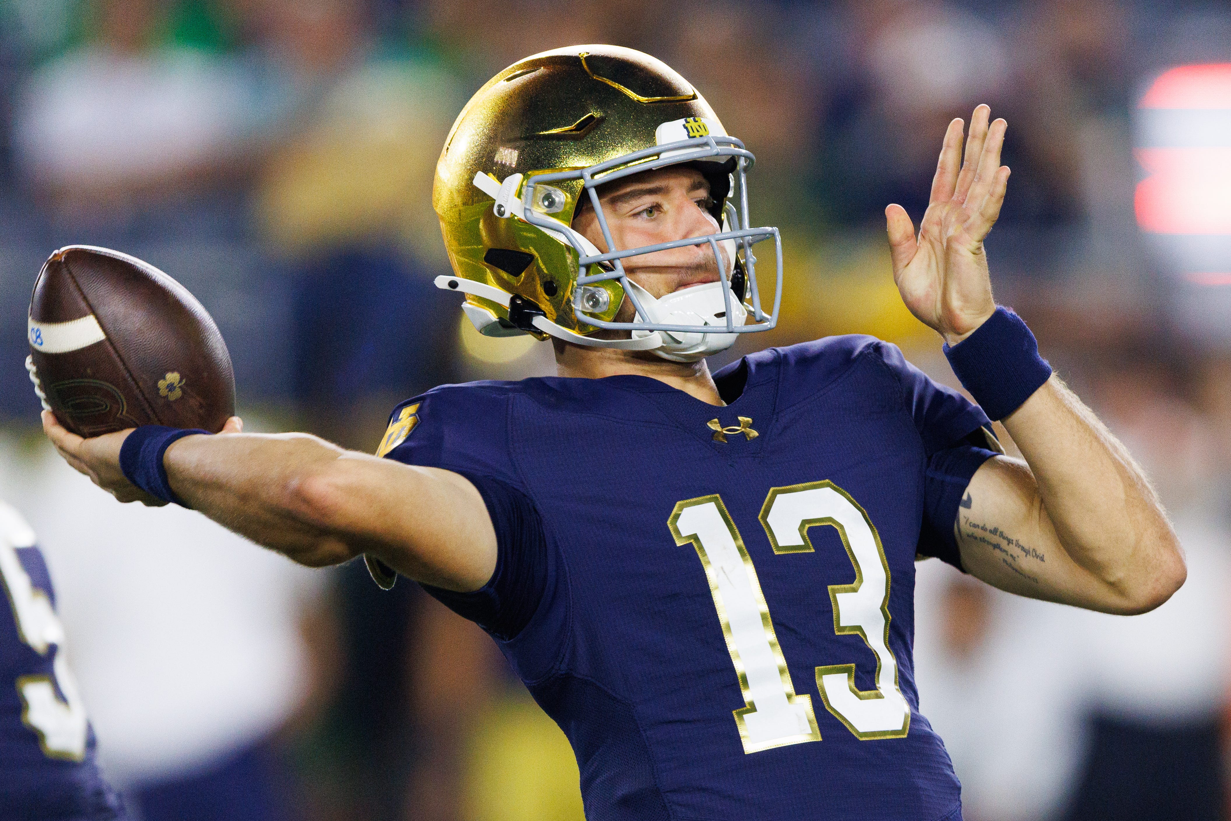 Notre Dame quarterback CJ Carr throws a pass in the second half of a NCAA football game against Texas A&M at Notre Dame Stadium on Saturday, Sept. 13, 2025, in South Bend.