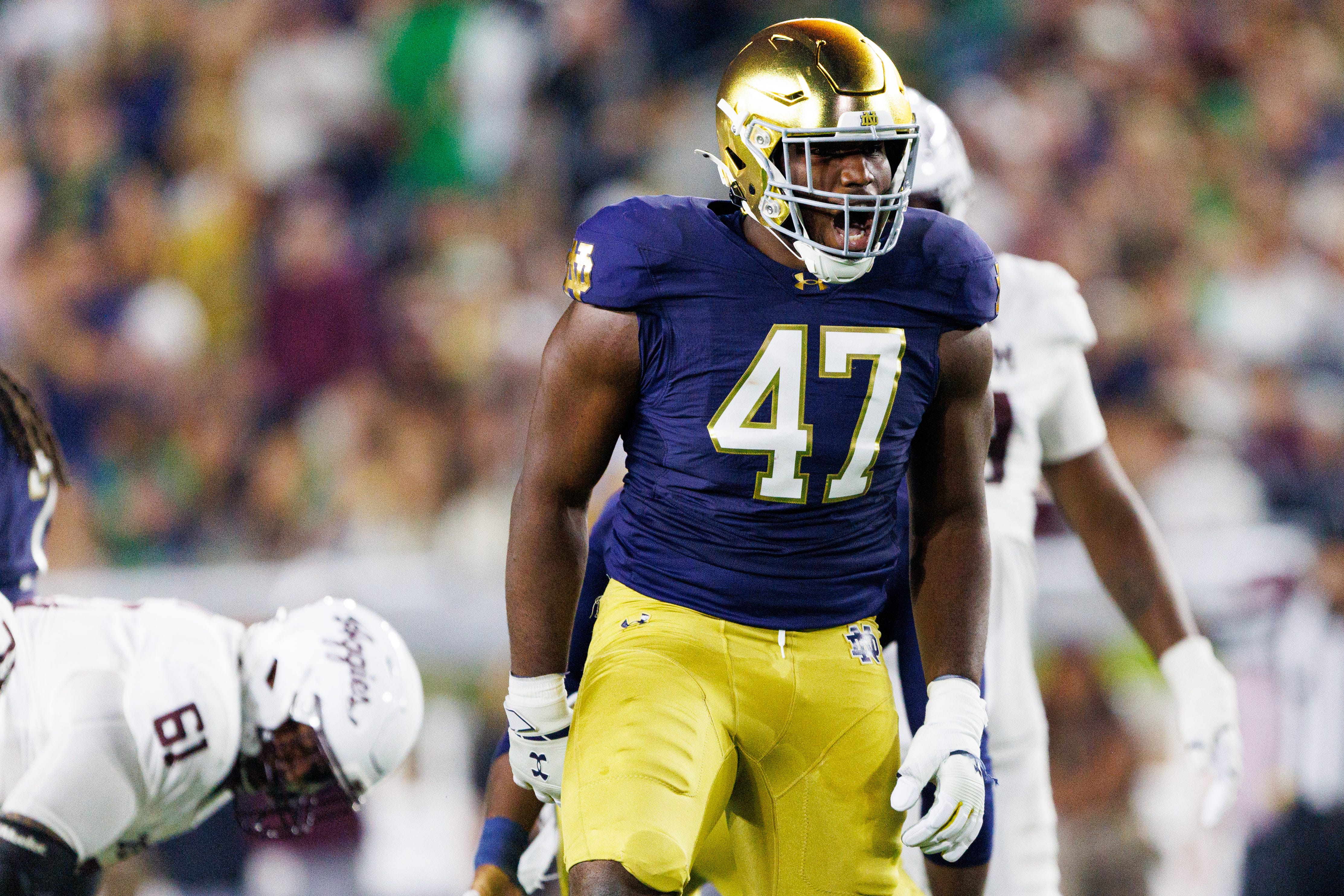 Notre Dame defensive lineman Jason Onye celebrates after getting a stop in the first half of a NCAA football game against Texas A&M at Notre Dame Stadium on Saturday, Sept. 13, 2025, in South Bend.