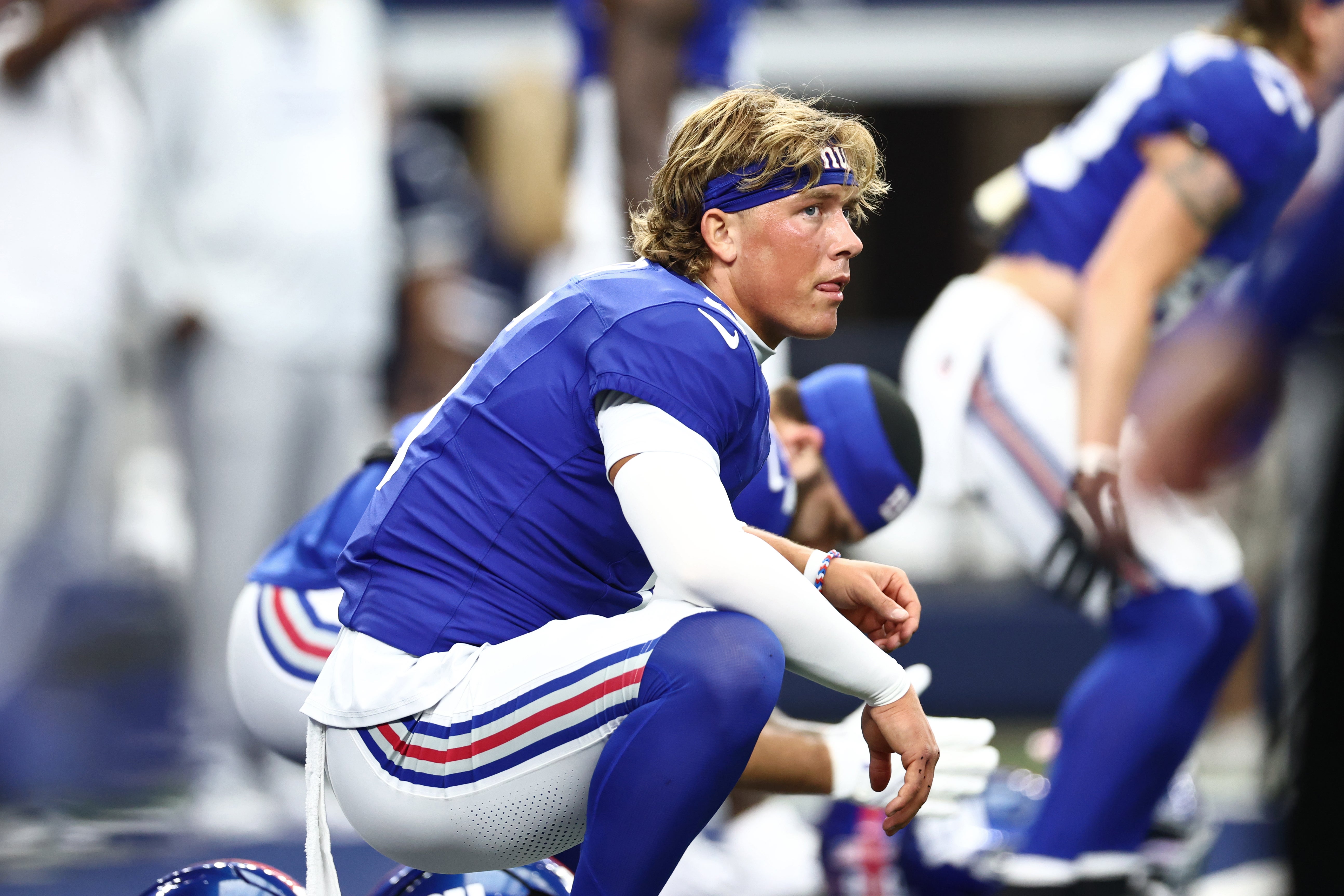 Sep 14, 2025; Arlington, Texas, USA; New York Giants quarterback Jaxson Dart (6) looks on during warmups before the game against the Dallas Cowboys at AT&T Stadium.