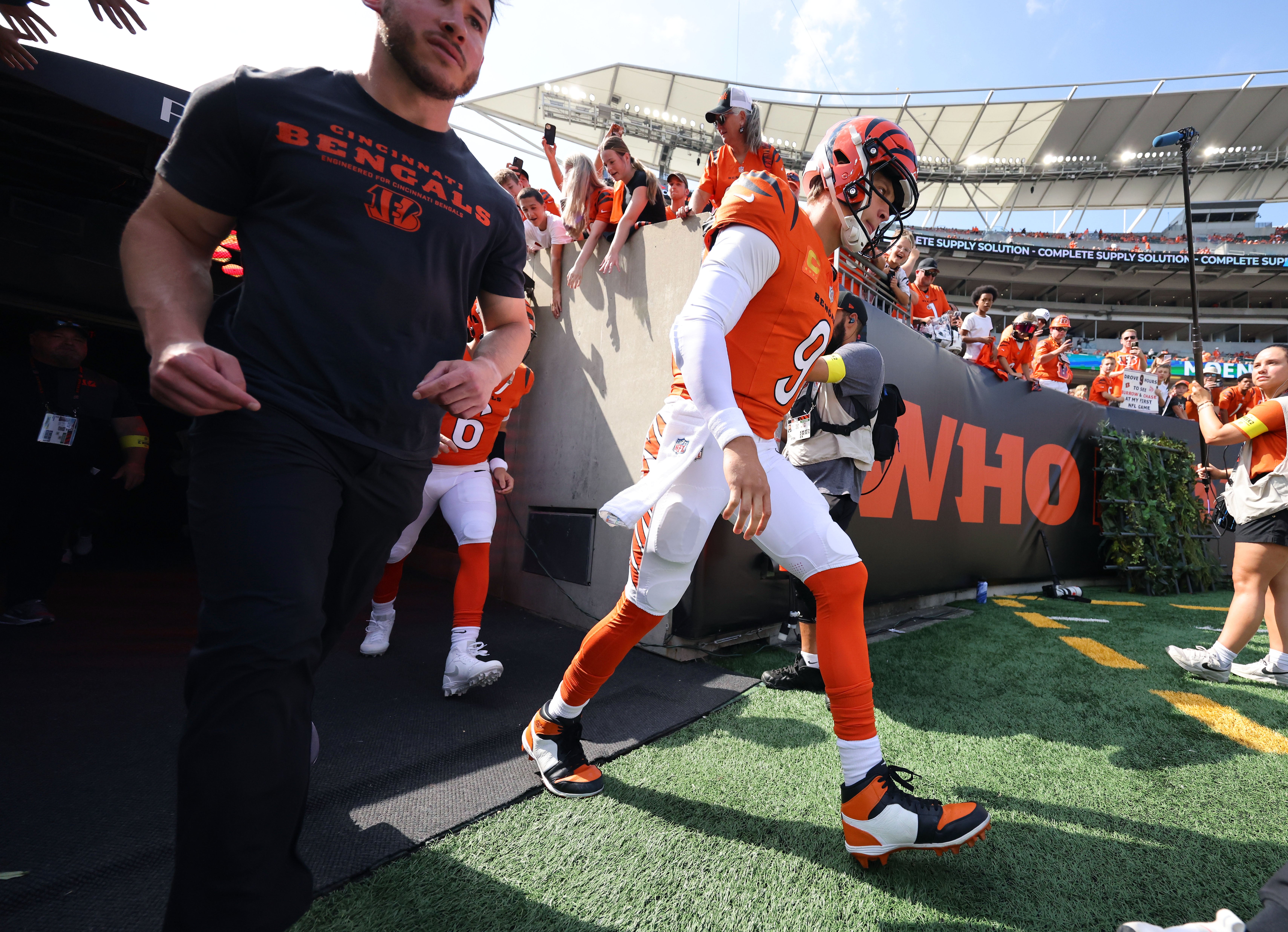 Sep 14, 2025; Cincinnati, Ohio, USA; Cincinnati Bengals quarterback Joe Burrow (9) enters the field before the game against the Jacksonville Jaguars at Paycor Stadium.