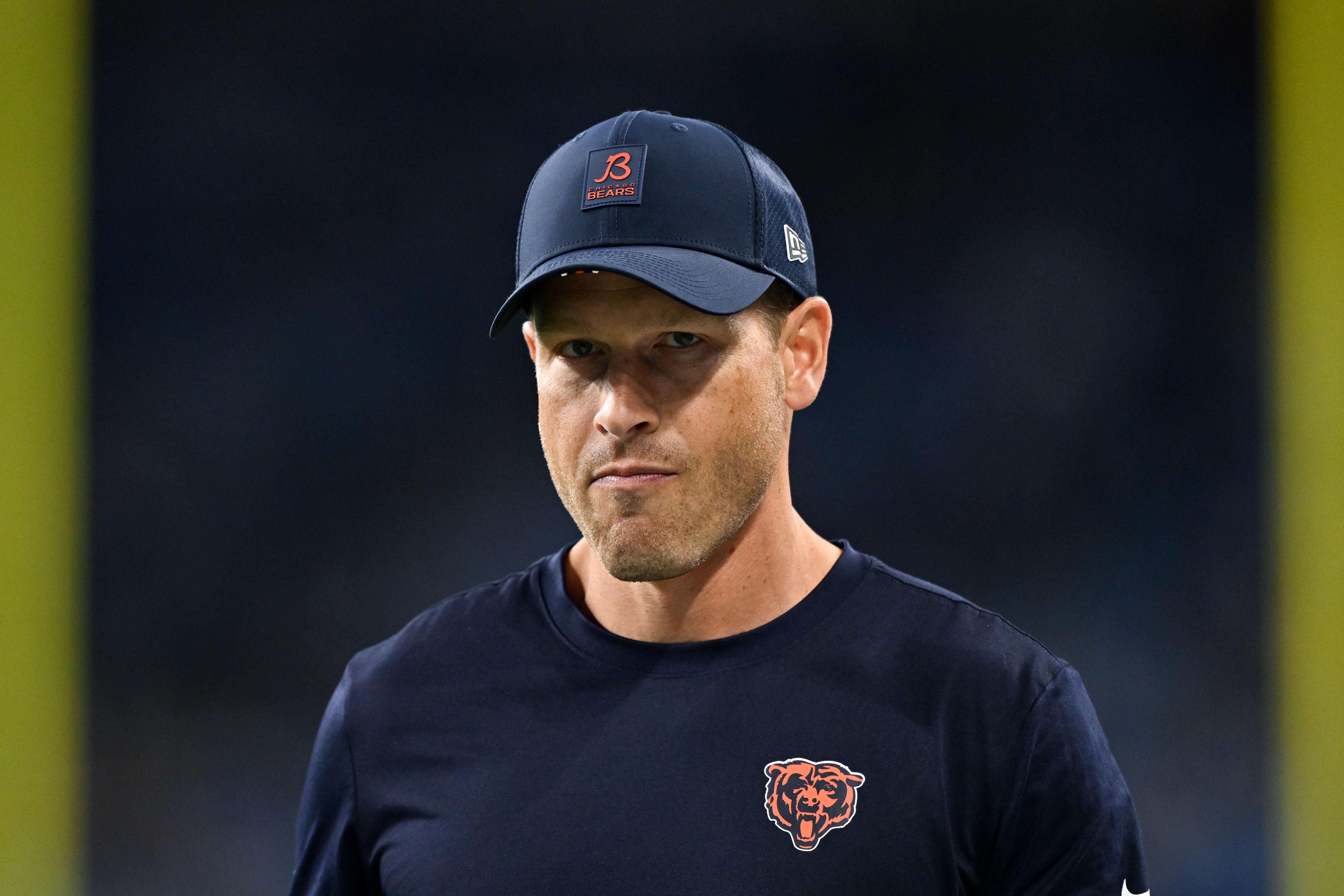 Sep 14, 2025; Detroit, Michigan, USA; Chicago Bears head coach Ben Johnson looks on during warmups prior to the game against the Detroit Lions at Ford Field.