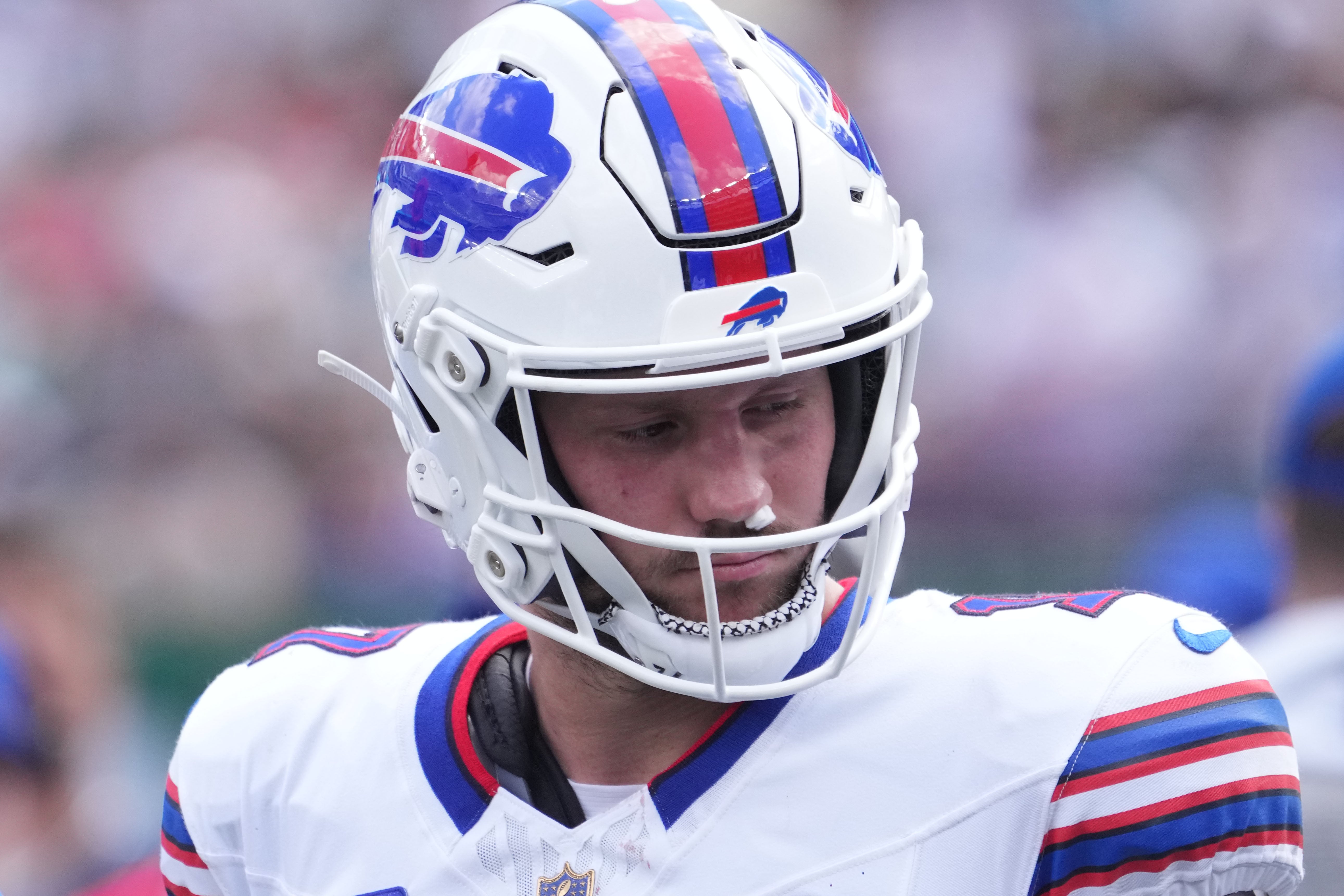 Sep 14, 2025; East Rutherford, New Jersey, USA; Buffalo Bills quarterback Josh Allen (17) during the first half at MetLife Stadium.