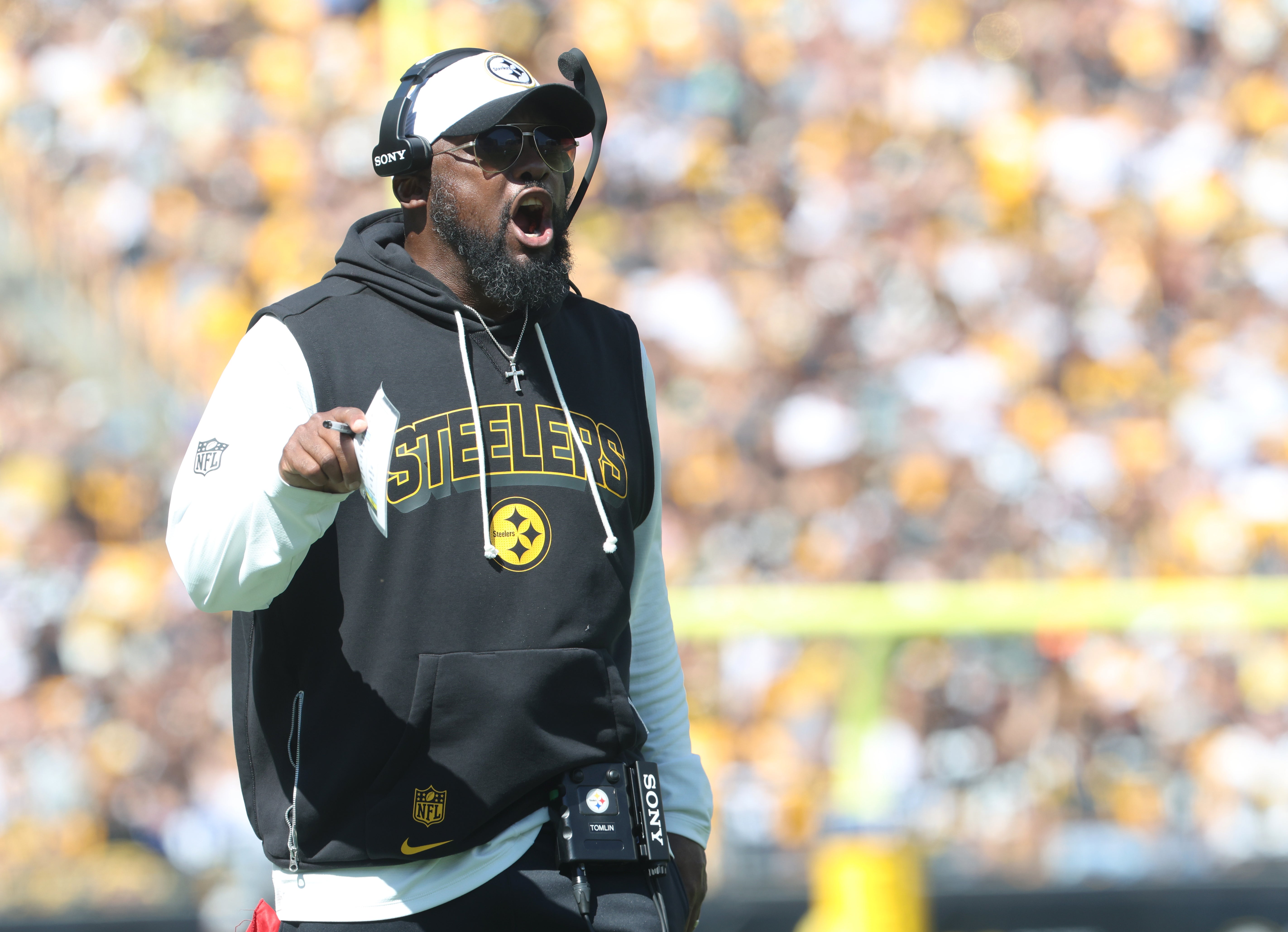 Sep 14, 2025; Pittsburgh, Pennsylvania, USA; Pittsburgh Steelers head coach Mike Tomlin reacts on the sidelines against the Seattle Seahawks during the second quarter at Acrisure Stadium.