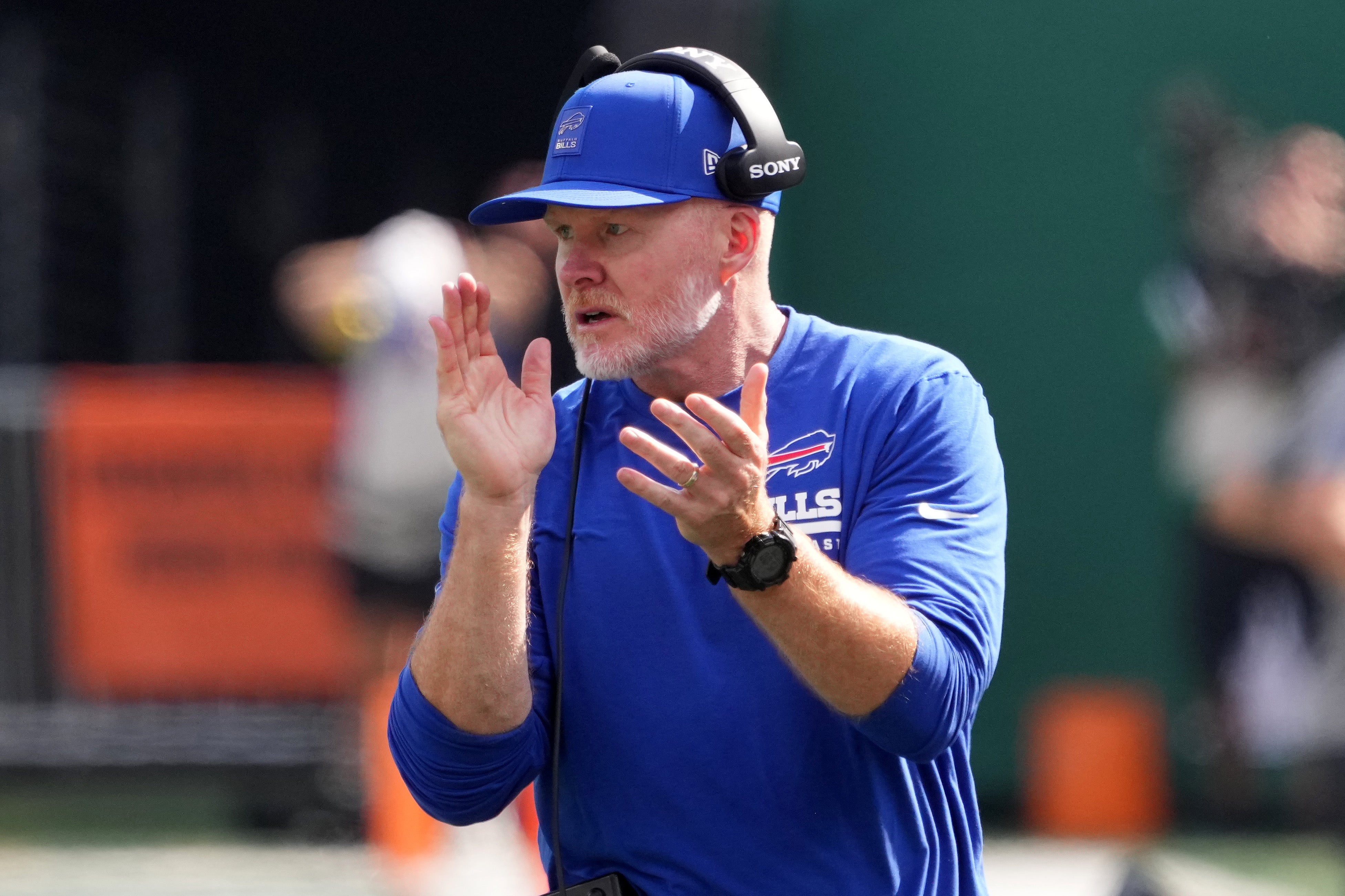 Sep 14, 2025; East Rutherford, New Jersey, USA; Buffalo Bills head coach Sean McDermott during the second half at MetLife Stadium.