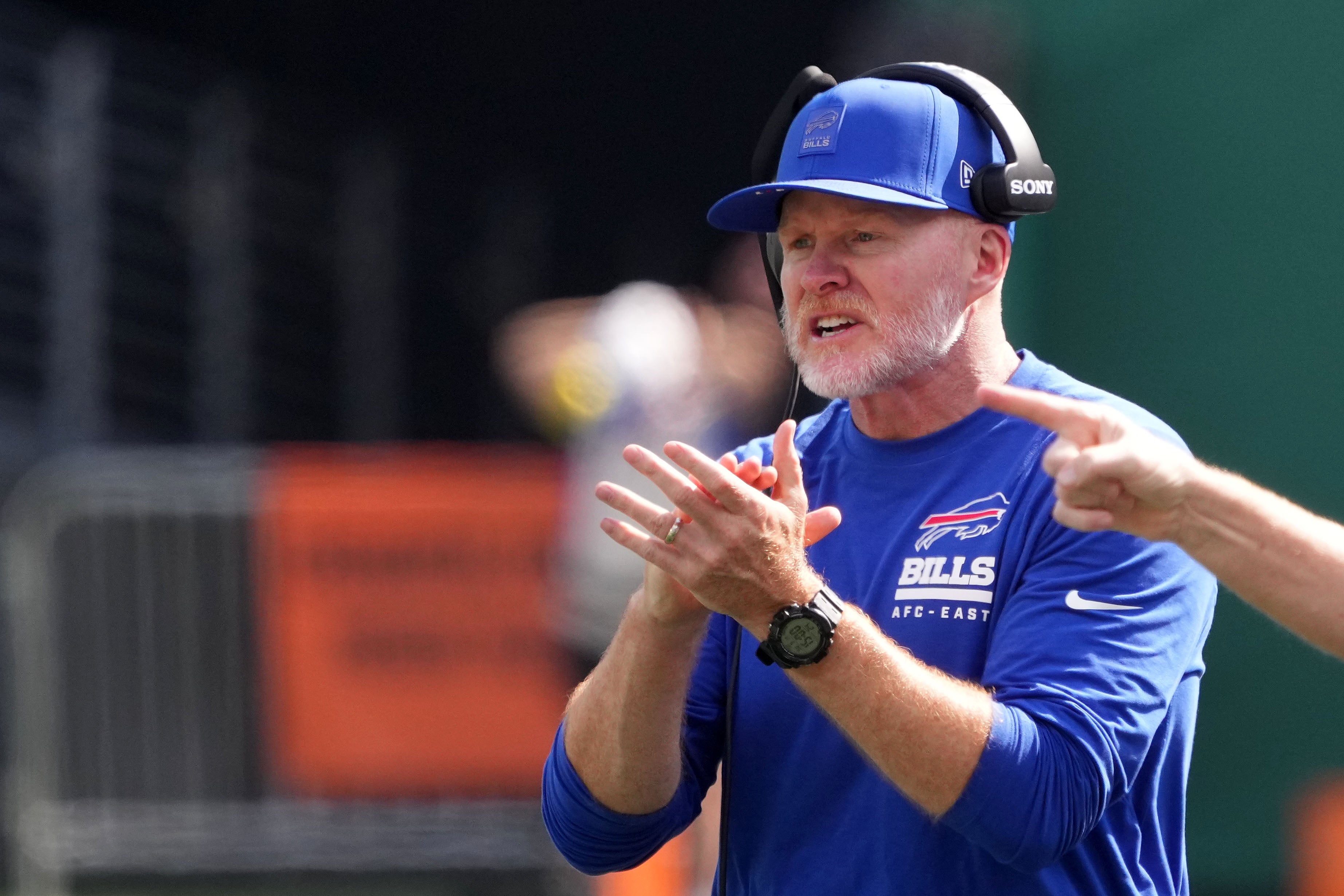 Sep 14, 2025; East Rutherford, New Jersey, USA; Buffalo Bills head coach Sean McDermott during the second half at MetLife Stadium.