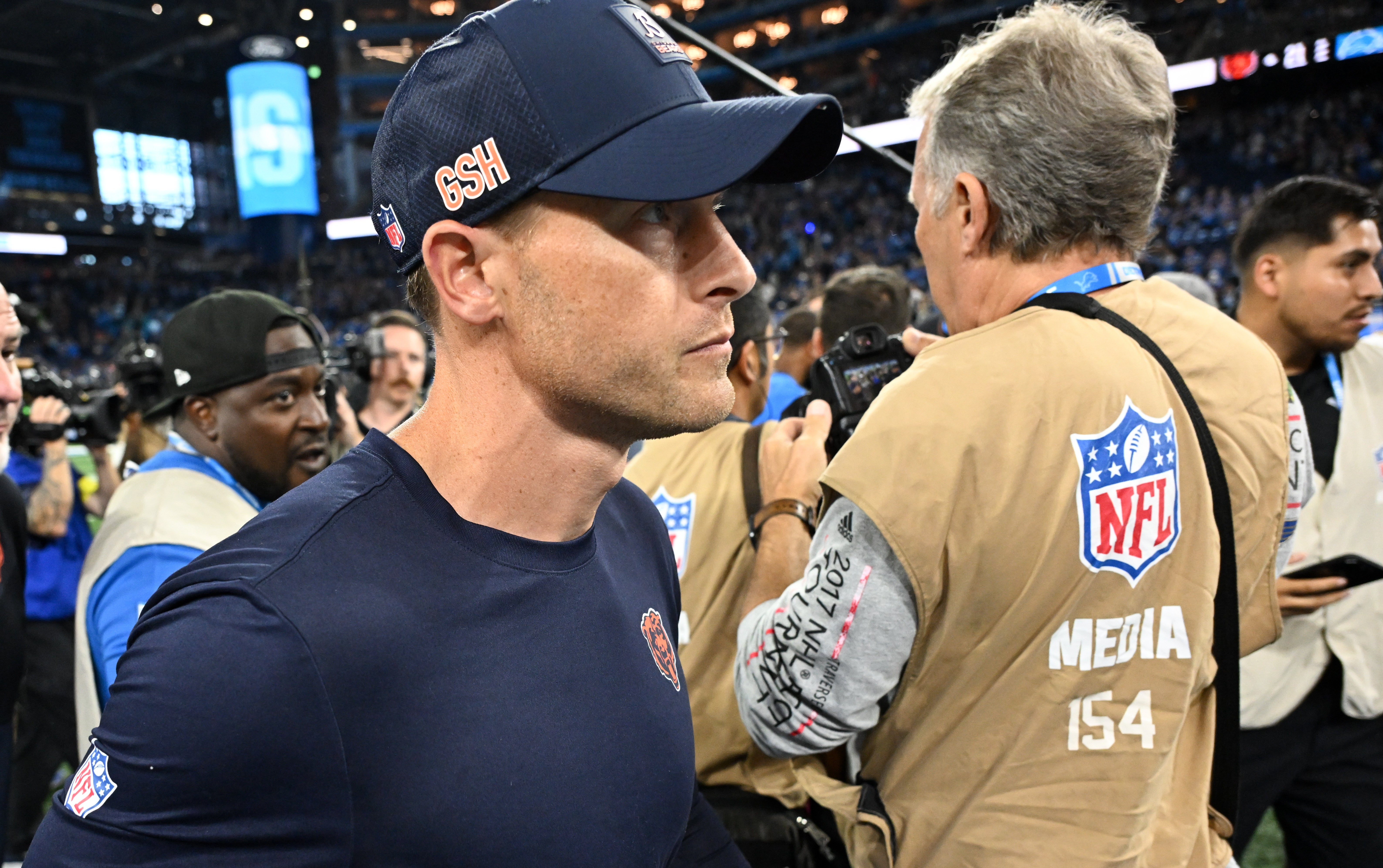 Sep 14, 2025; Detroit, Michigan, USA; Chicago Bears head coach Ben Johnson looks on after the game against the Detroit Lions at Ford Field.