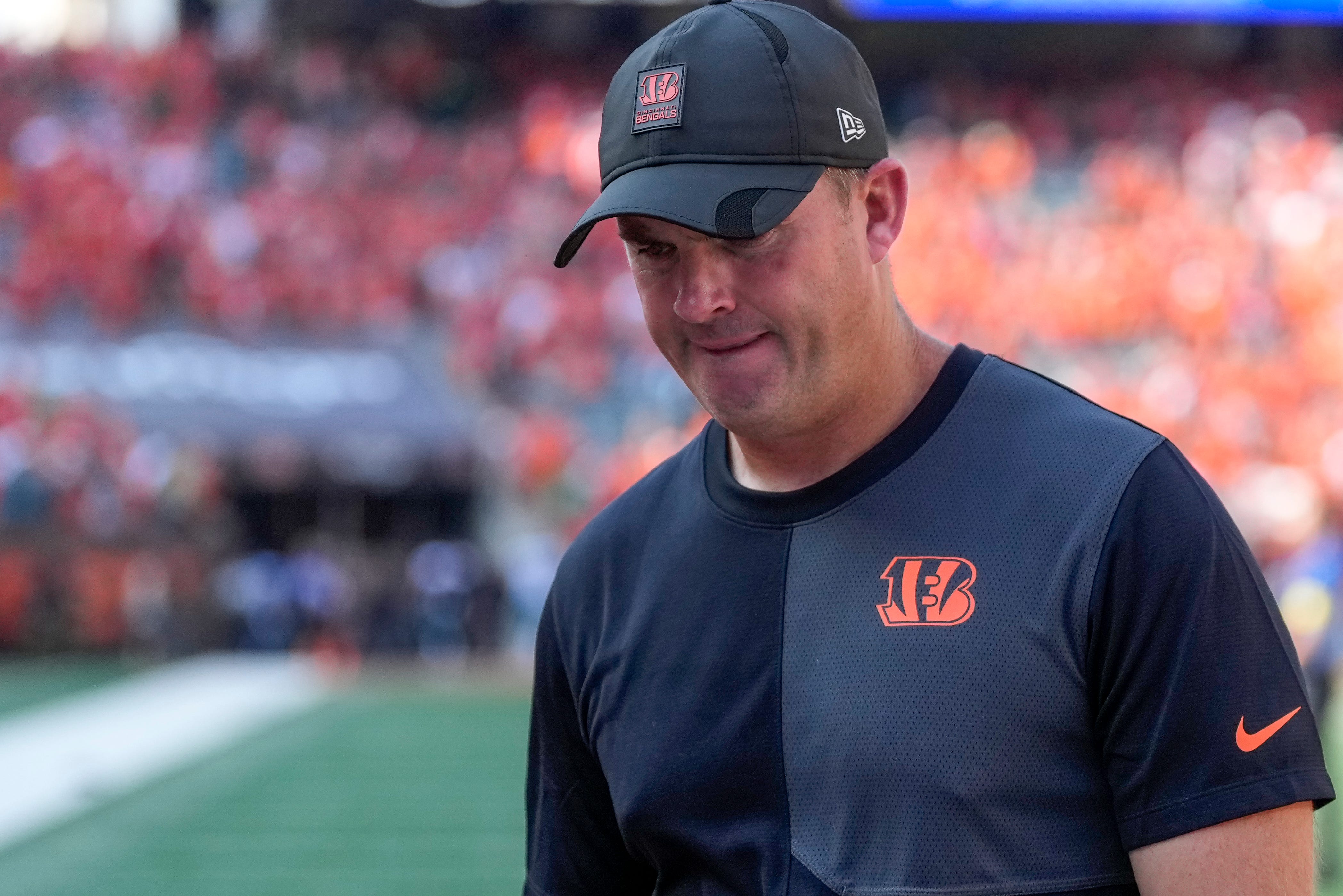 Cincinnati Bengals head coach Zac Taylor walks for the locker room after the fourth quarter of the NFL Week 2 game between the Cincinnati Bengals and the Jacksonville Jaguars at Paycor Stadium in downtown Cincinnati on Sunday, Sept. 14, 2025. The Bengals came back from a halftime deficit to win 31-27.