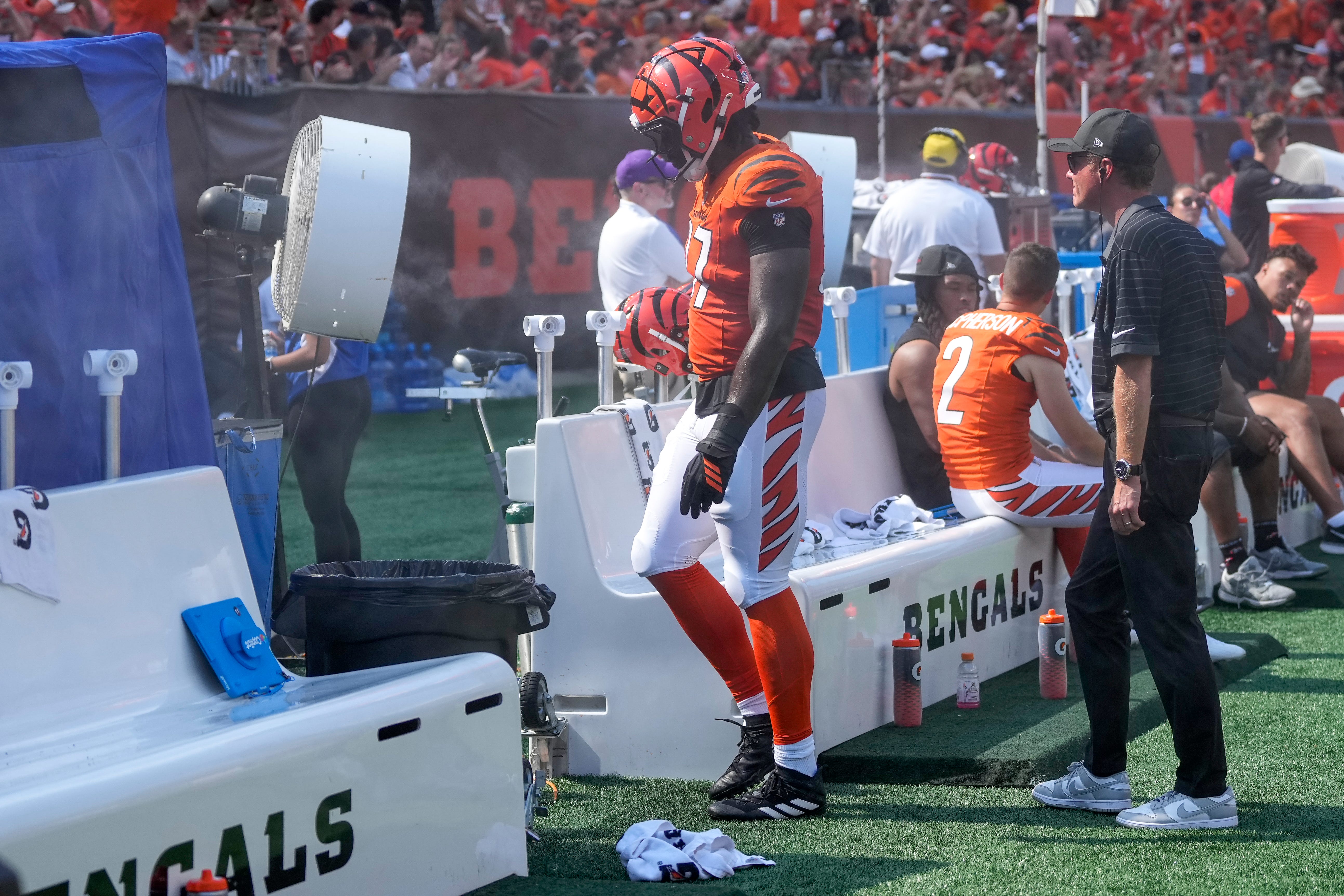 Cincinnati Bengals defensive end Shemar Stewart (97) walks for the injury tent in the fourth quarter of the NFL Week 2 game between the Cincinnati Bengals and the Jacksonville Jaguars at Paycor Stadium in downtown Cincinnati on Sunday, Sept. 14, 2025. The Bengals came back from a halftime deficit to win 31-27.