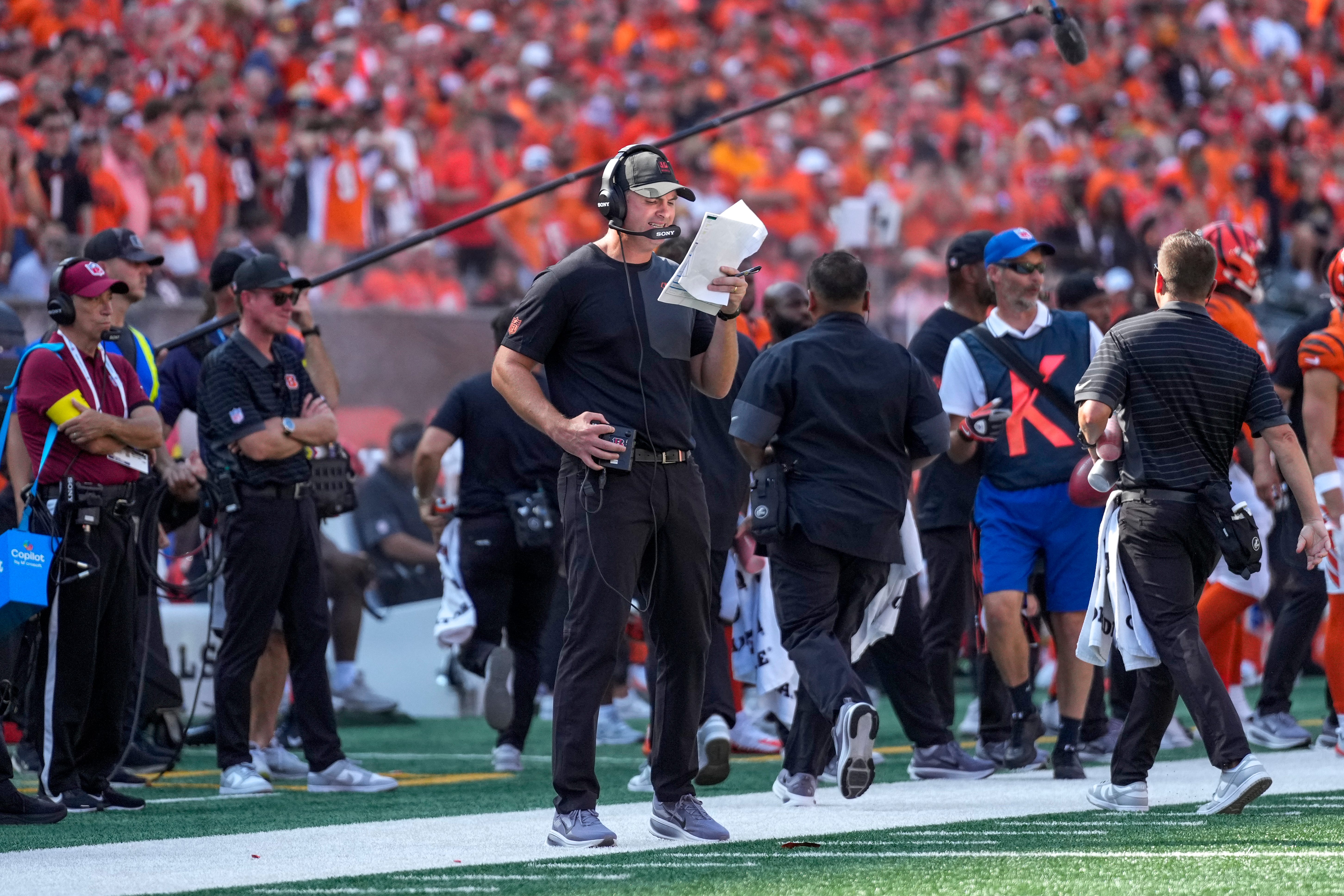 Cincinnati Bengals head coach Zac Taylor calls plays from the sideline in the fourth quarter of the NFL Week 2 game between the Cincinnati Bengals and the Jacksonville Jaguars at Paycor Stadium in downtown Cincinnati on Sunday, Sept. 14, 2025. The Bengals came back from a halftime deficit to win 31-27.