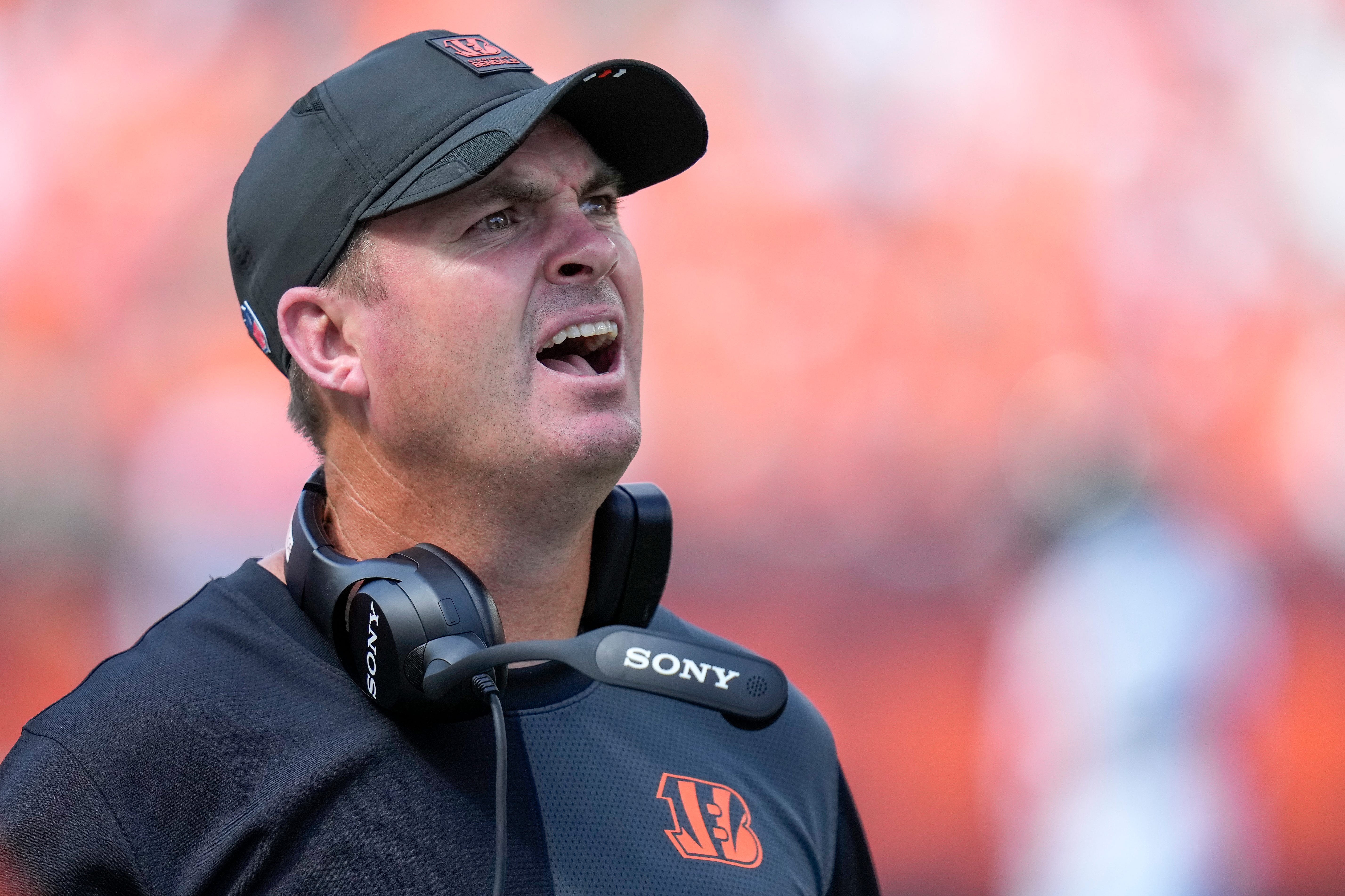 Cincinnati Bengals head coach Zac Taylor watches a replay in the fourth quarter of the NFL Week 2 game between the Cincinnati Bengals and the Jacksonville Jaguars at Paycor Stadium in downtown Cincinnati on Sunday, Sept. 14, 2025. The Bengals came back from a halftime deficit to win 31-27.