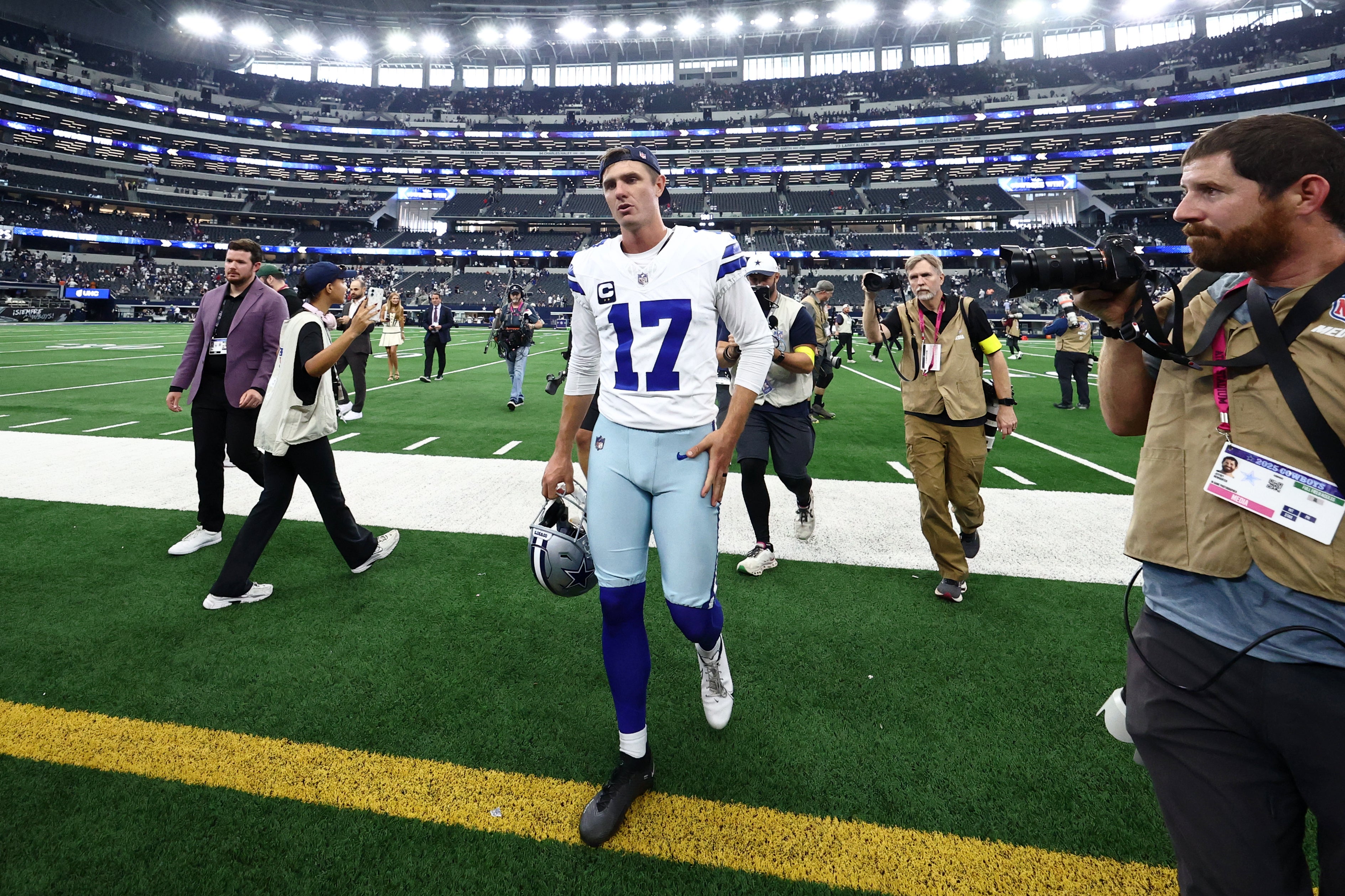 Sep 14, 2025; Arlington, Texas, USA; Dallas Cowboys place kicker Brandon Aubrey (17) walks off the field after the game against the New York Giants at AT&T Stadium.