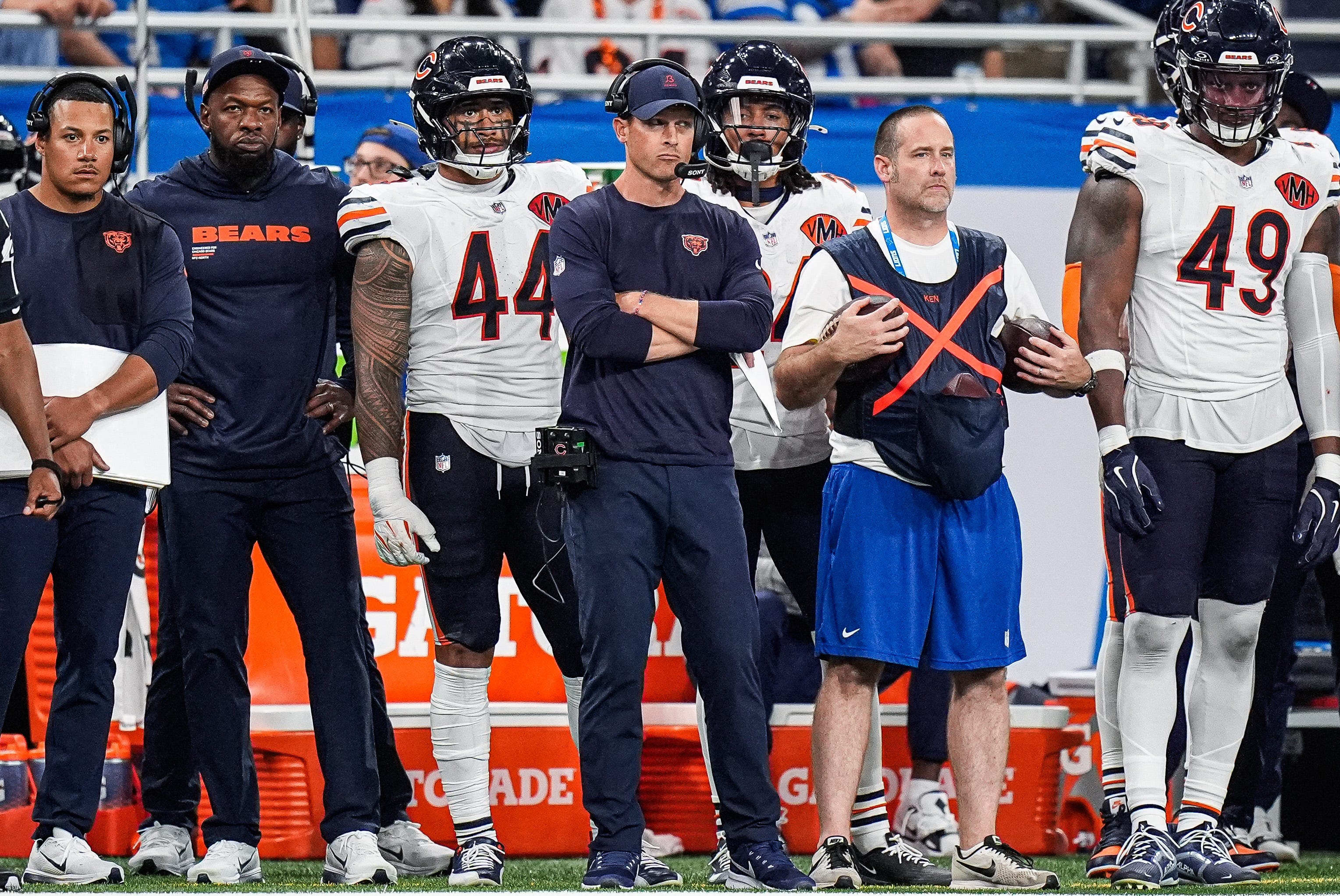 Chicago Bears head coach Ben Johnson watches a play against Detroit Lions during the second half at Ford Field in Detroit on Sunday, Sept. 14, 2025.