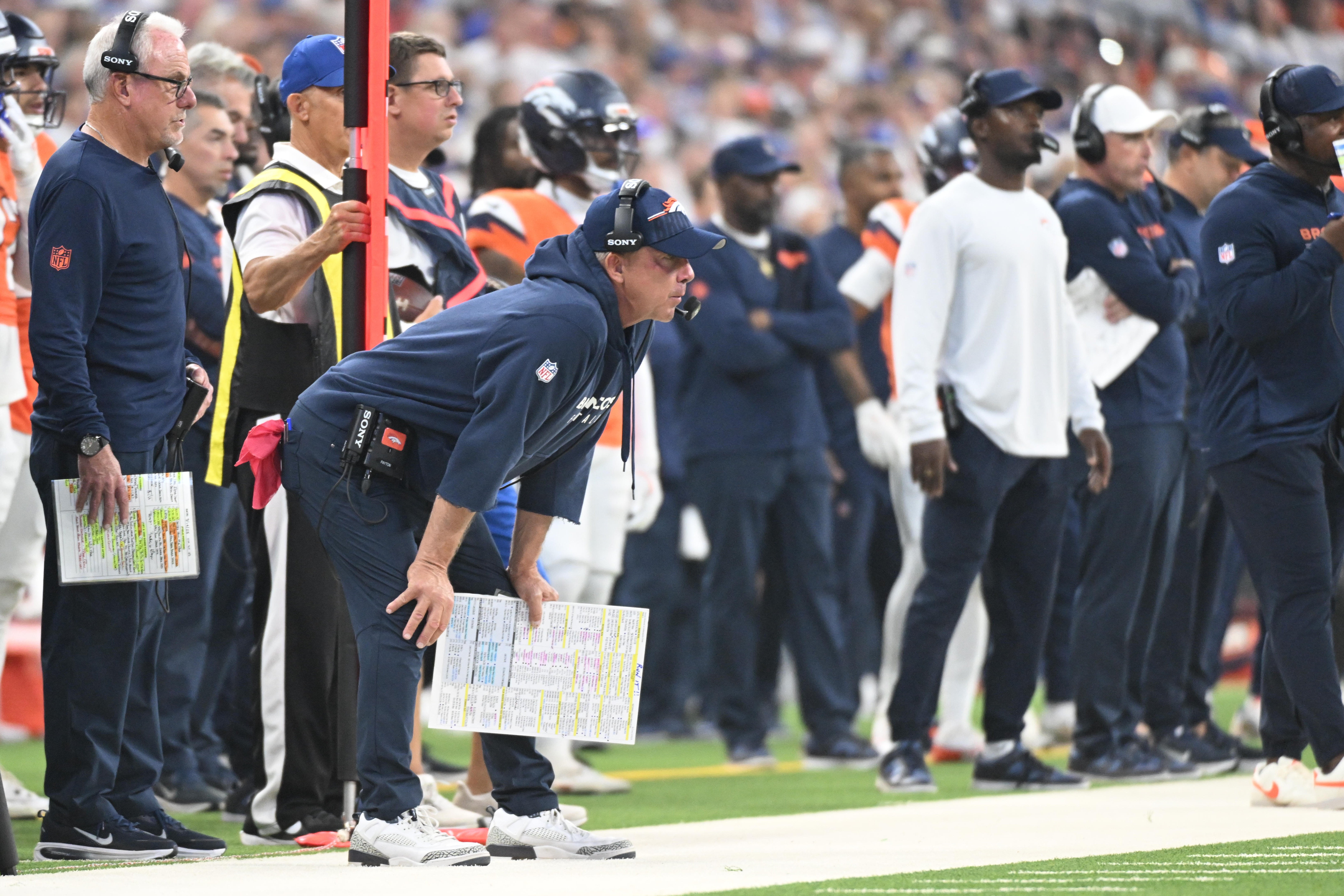 Sep 14, 2025; Indianapolis, Indiana, USA; Denver Broncos head coach Sean Payton looks on during the second quarter against the Indianapolis Colts at Lucas Oil Stadium.