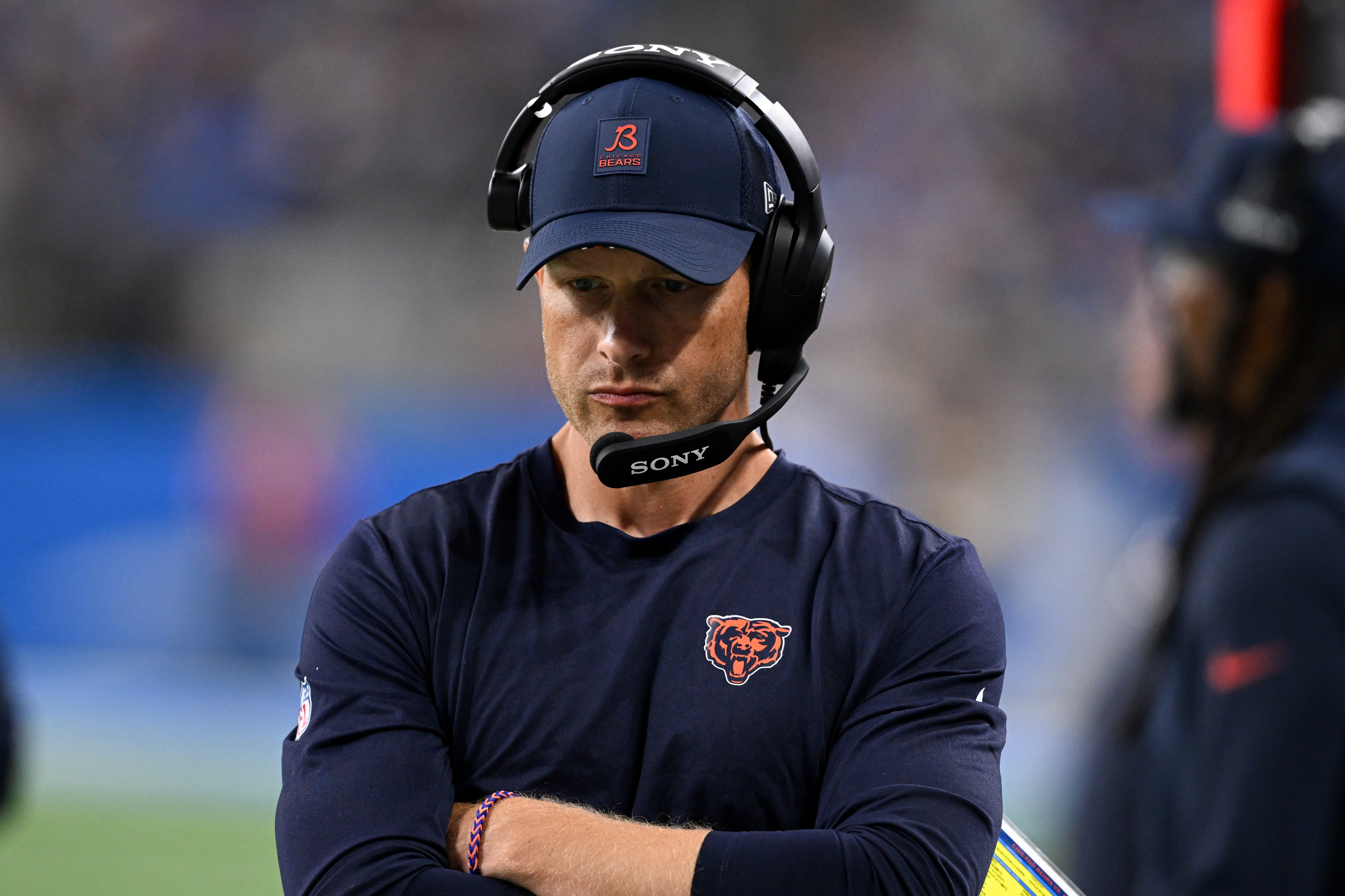 Sep 14, 2025; Detroit, Michigan, USA; Chicago Bears head coach Ben Johnson looks on during the second half of the game against the Detroit Lions at Ford Field.