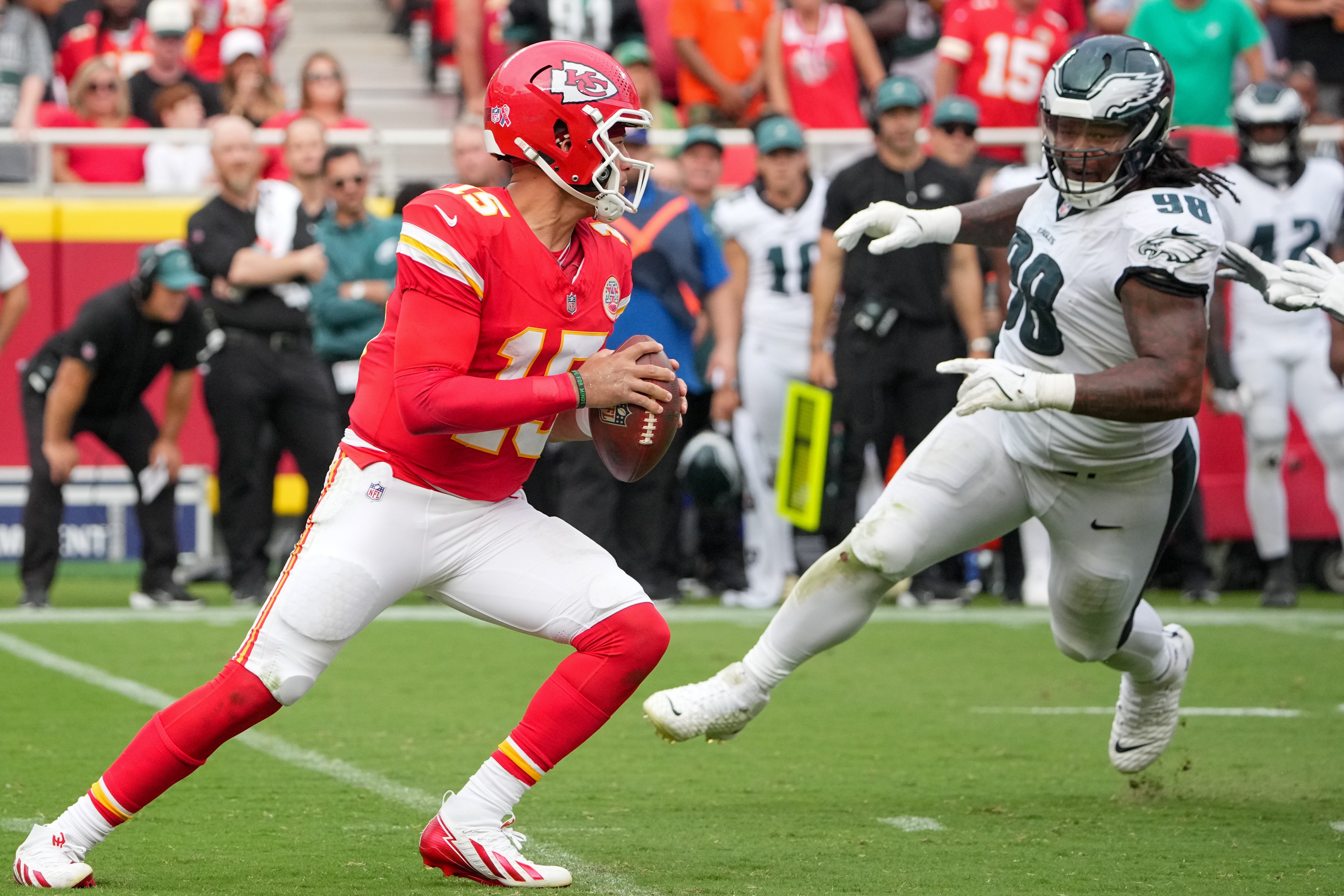 Philadelphia Eagles defensive tackle Jalen Carter (98) puts pressure on Kansas City Chiefs quarterback Patrick Mahomes (15) during the third quarter of the game at GEHA Field at Arrowhead Stadium.