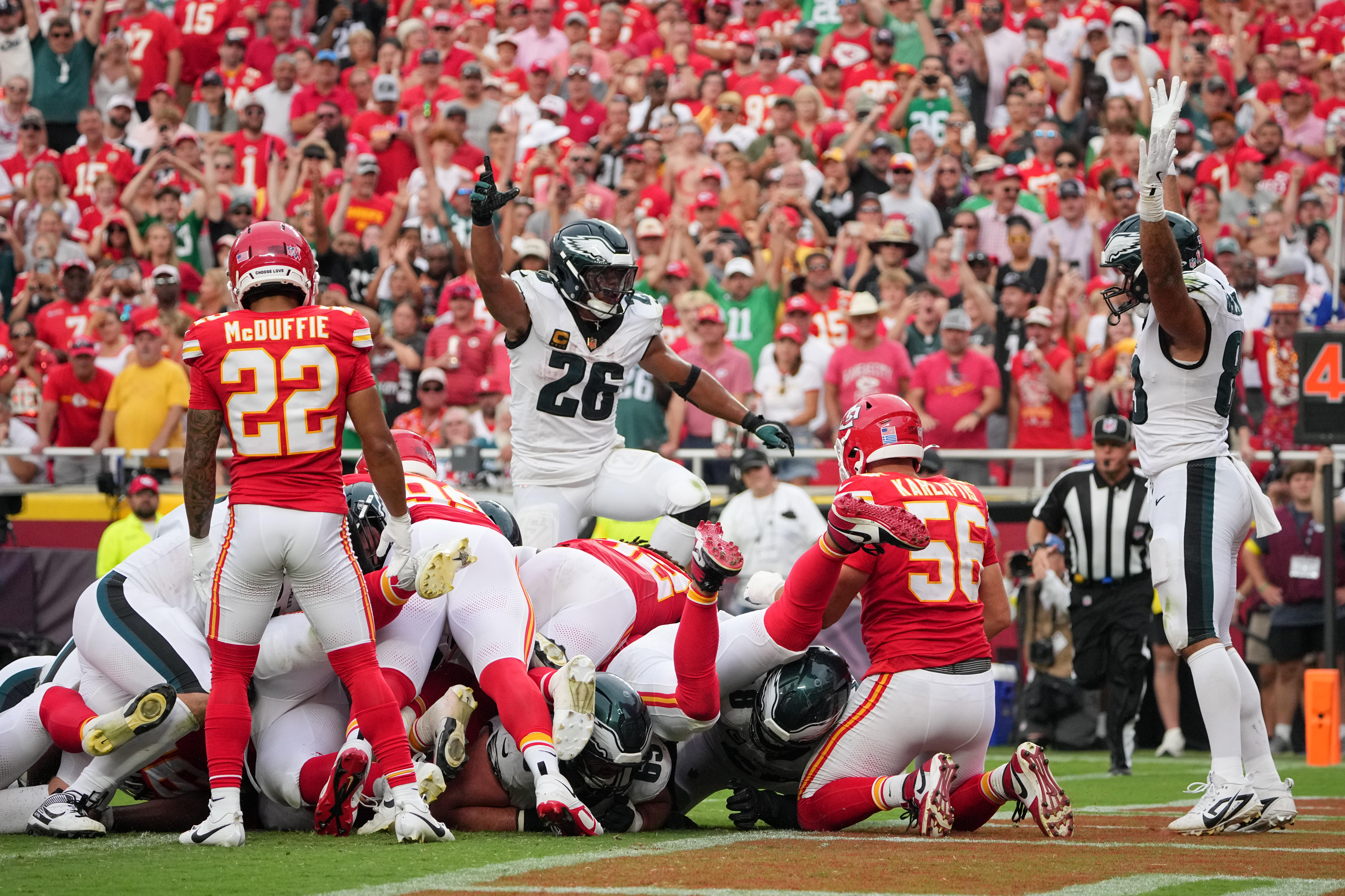 The Philadelphia Eagles celebrate after scoring a touchdown against the Kansas City Chiefs during the fourth quarter of the game at GEHA Field at Arrowhead Stadium.