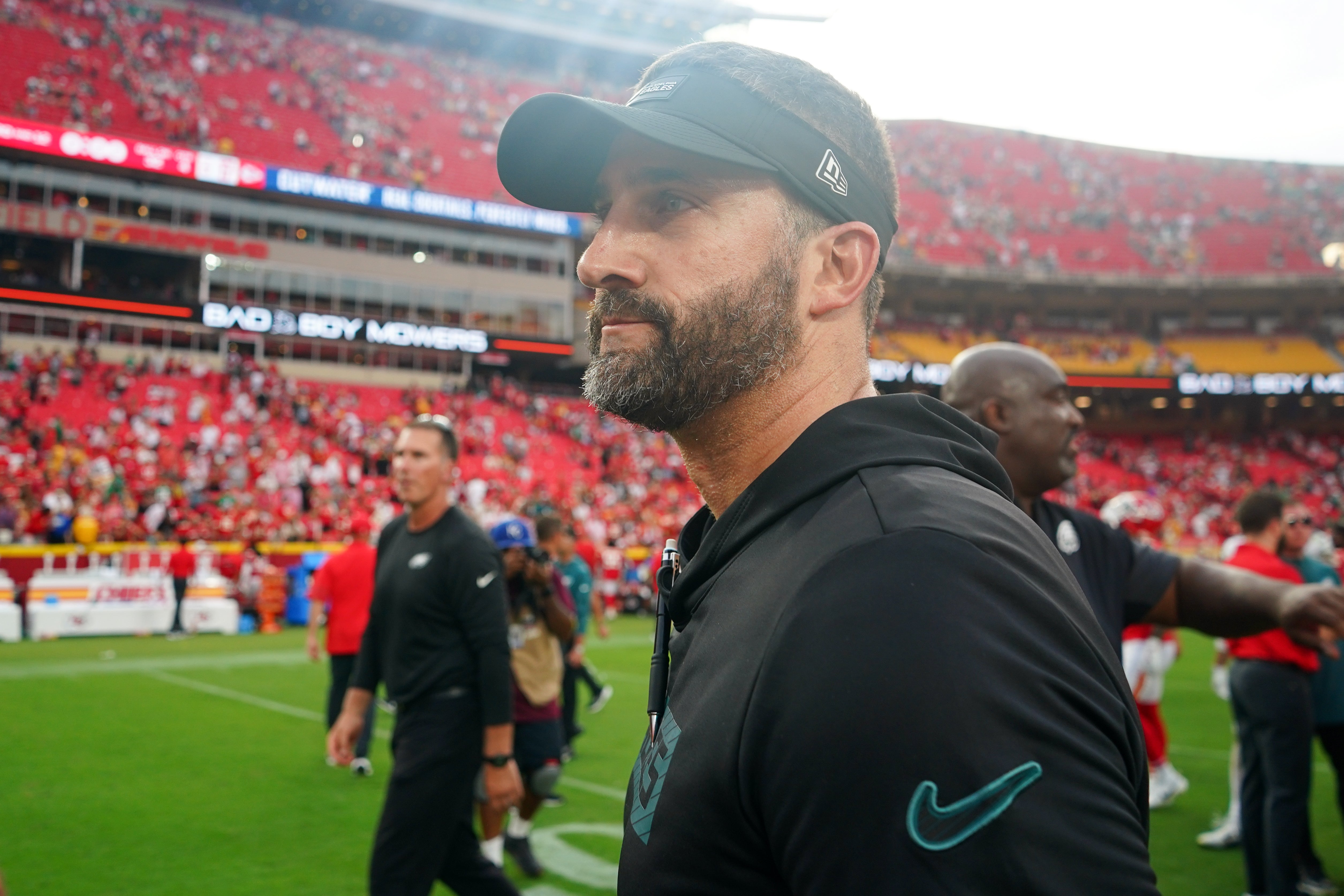 Philadelphia Eagles head coach Nick Sirianni looks on after the game against the Kansas City Chiefs at GEHA Field at Arrowhead Stadium.