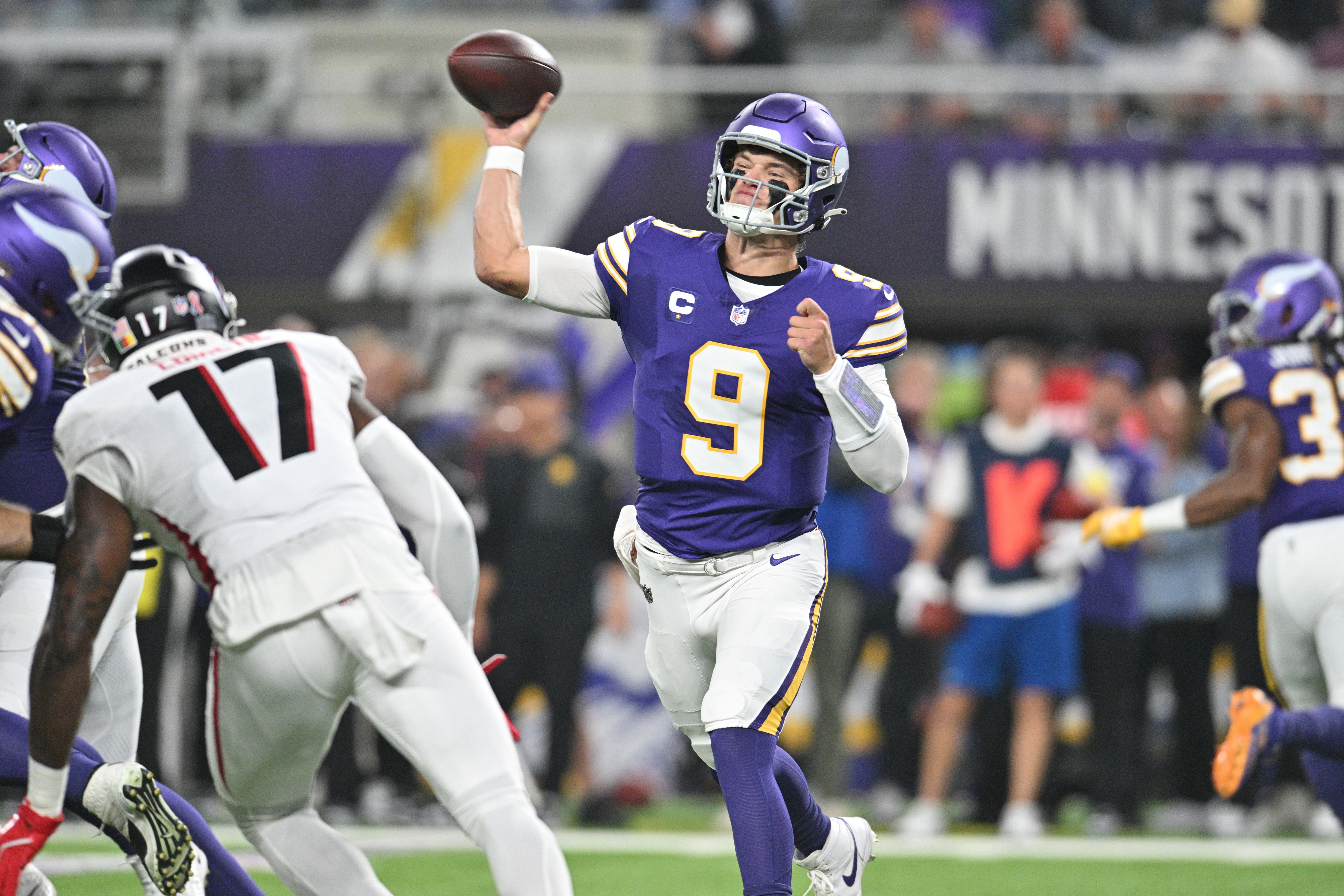 Sep 14, 2025; Minneapolis, Minnesota, USA; Minnesota Vikings quarterback J.J. McCarthy (9) throws a pass during the first half against the Atlanta Falcons at U.S. Bank Stadium.
