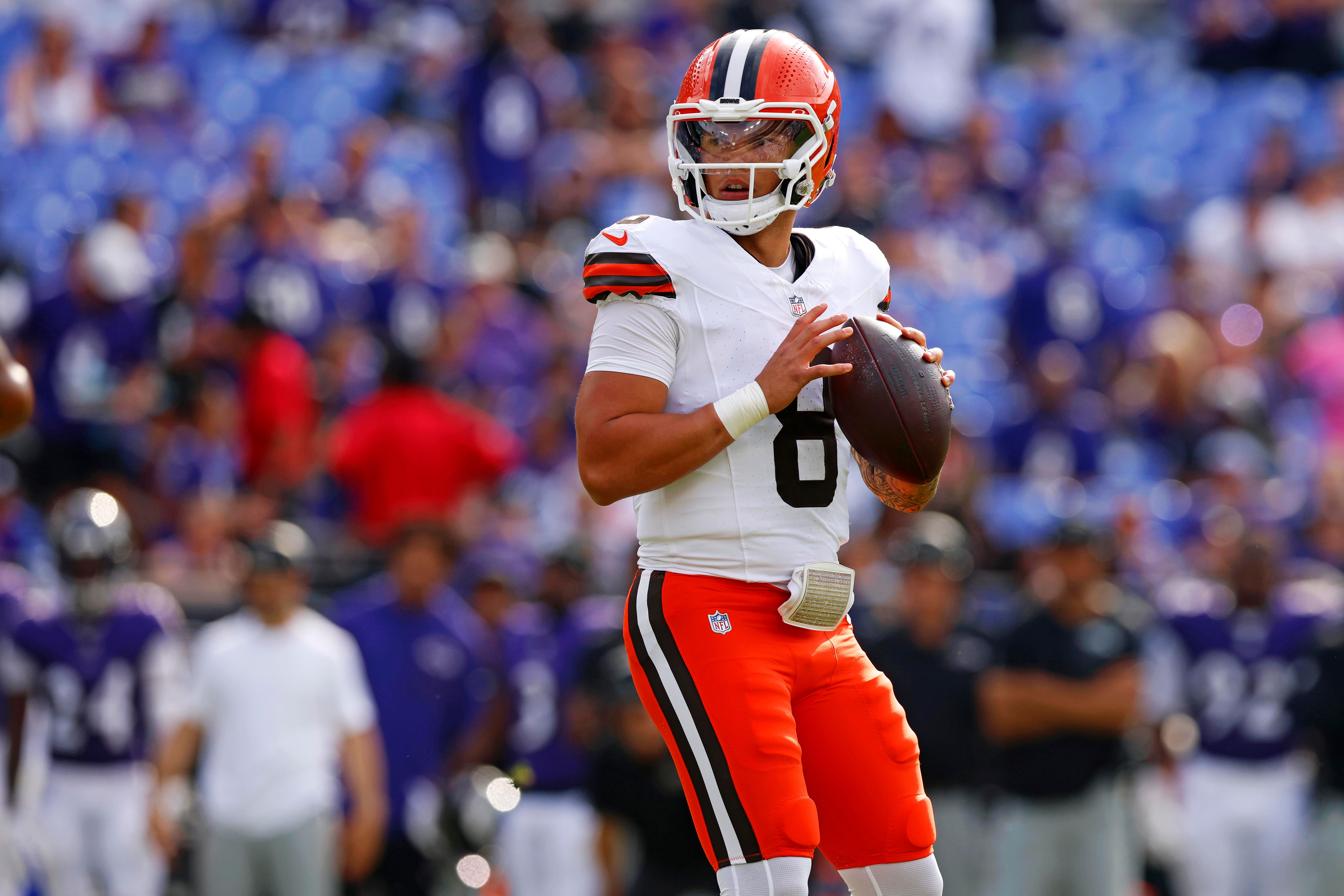 Sep 14, 2025; Baltimore, Maryland, USA; Cleveland Browns quarterback Dillon Gabriel (8) drops back to pass during the second half against the Baltimore Ravens at M&T Bank Stadium.