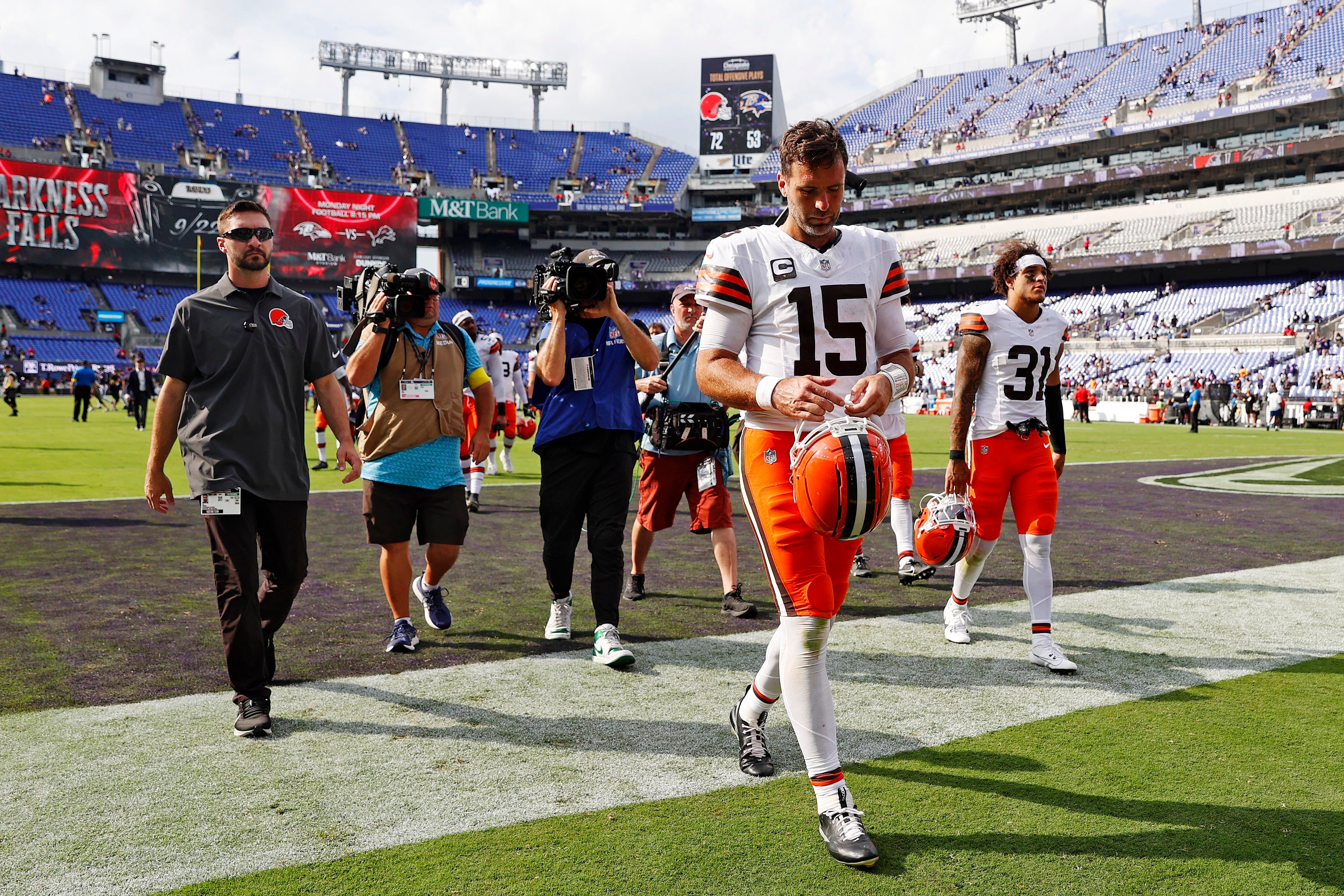 Sep 14, 2025; Baltimore, Maryland, USA; Cleveland Browns quarterback Joe Flacco (15) walks off the field after the game against the Baltimore Ravens at M&T Bank Stadium.