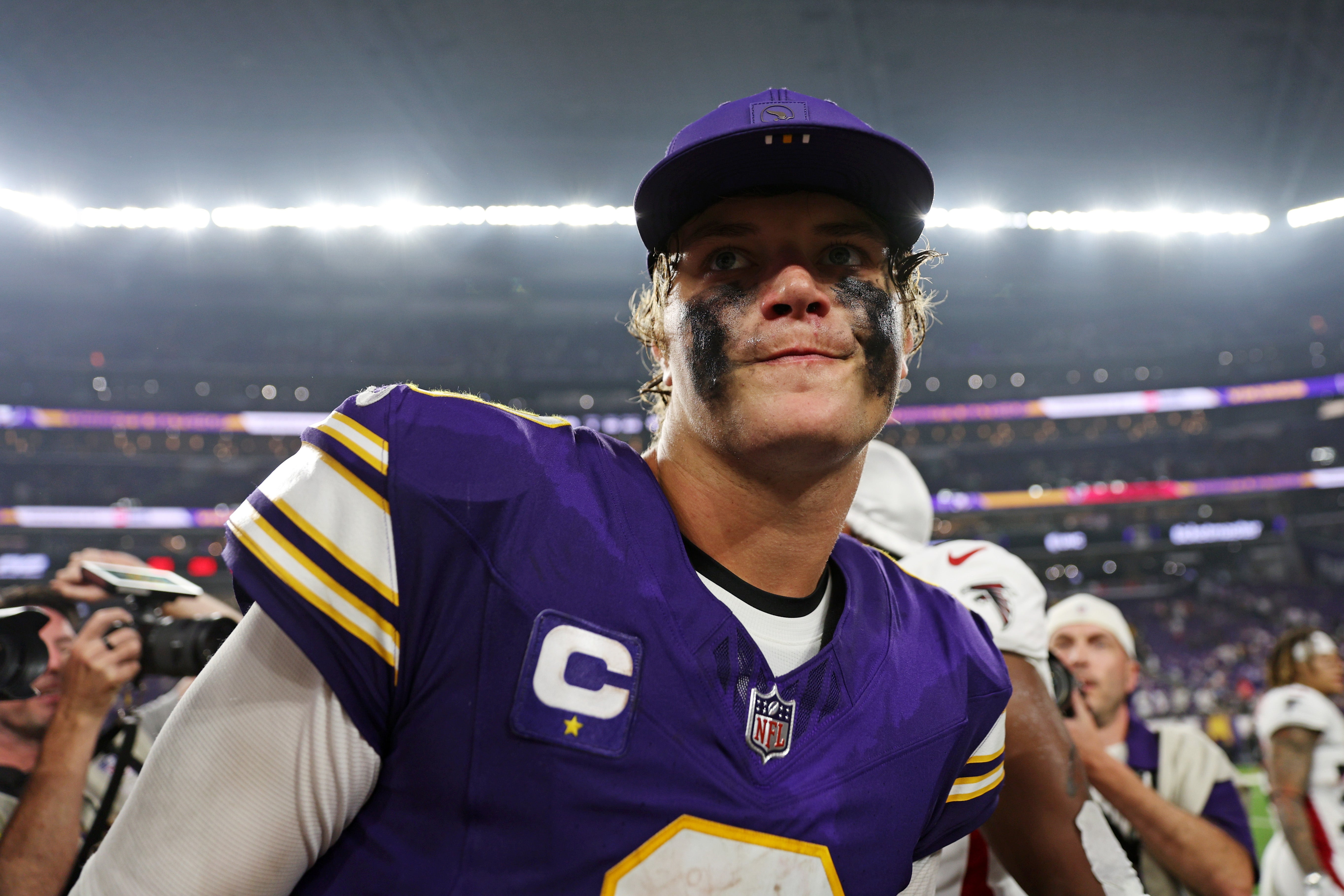 Sep 14, 2025; Minneapolis, Minnesota, USA; Minnesota Vikings quarterback J.J. McCarthy (9) reacts after the game against the Atlanta Falcons at U.S. Bank Stadium.