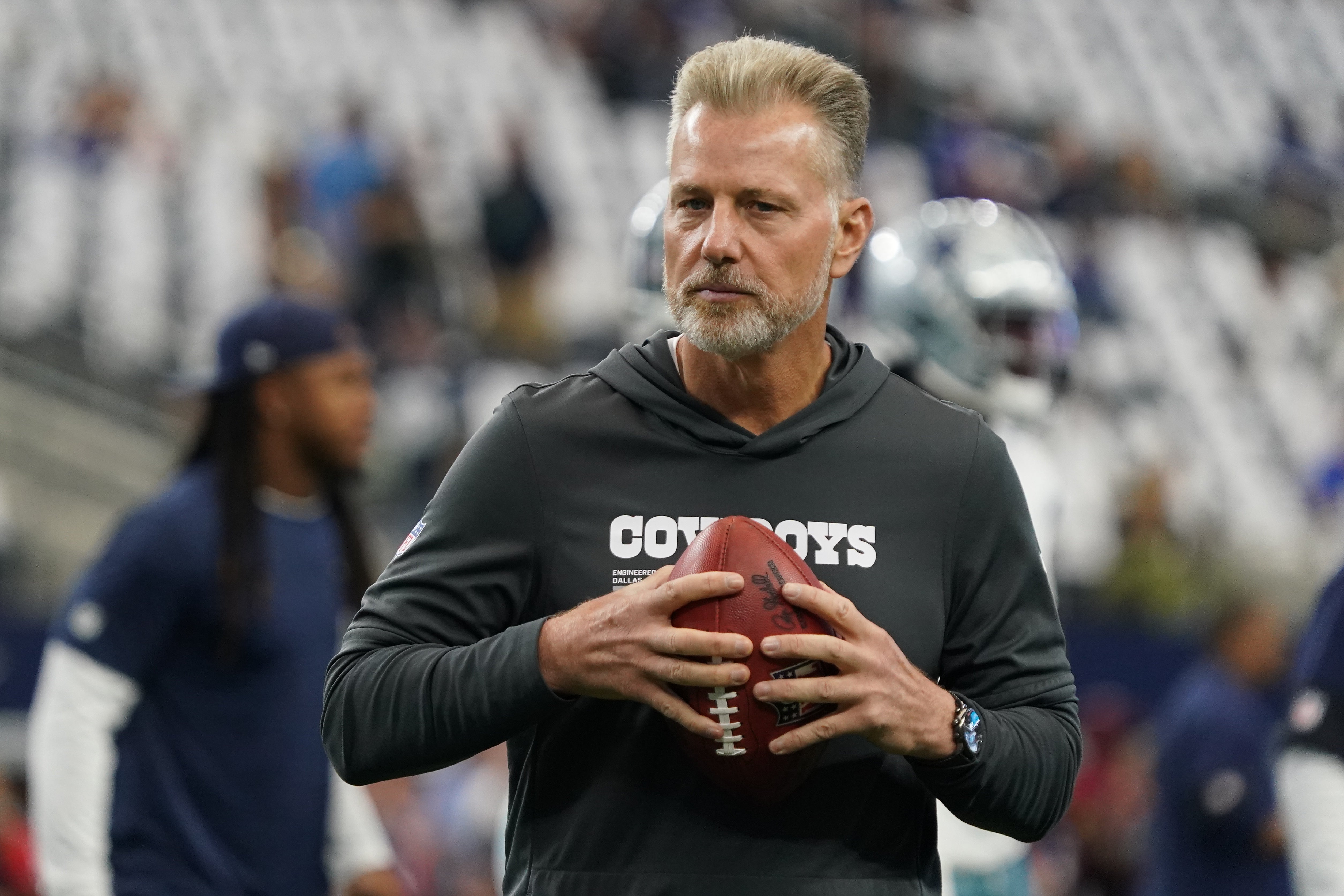 Sep 14, 2025; Arlington, Texas, USA; Dallas Cowboys defensive coordinator Matt Eberflus on the field during pregame at AT&T Stadium.