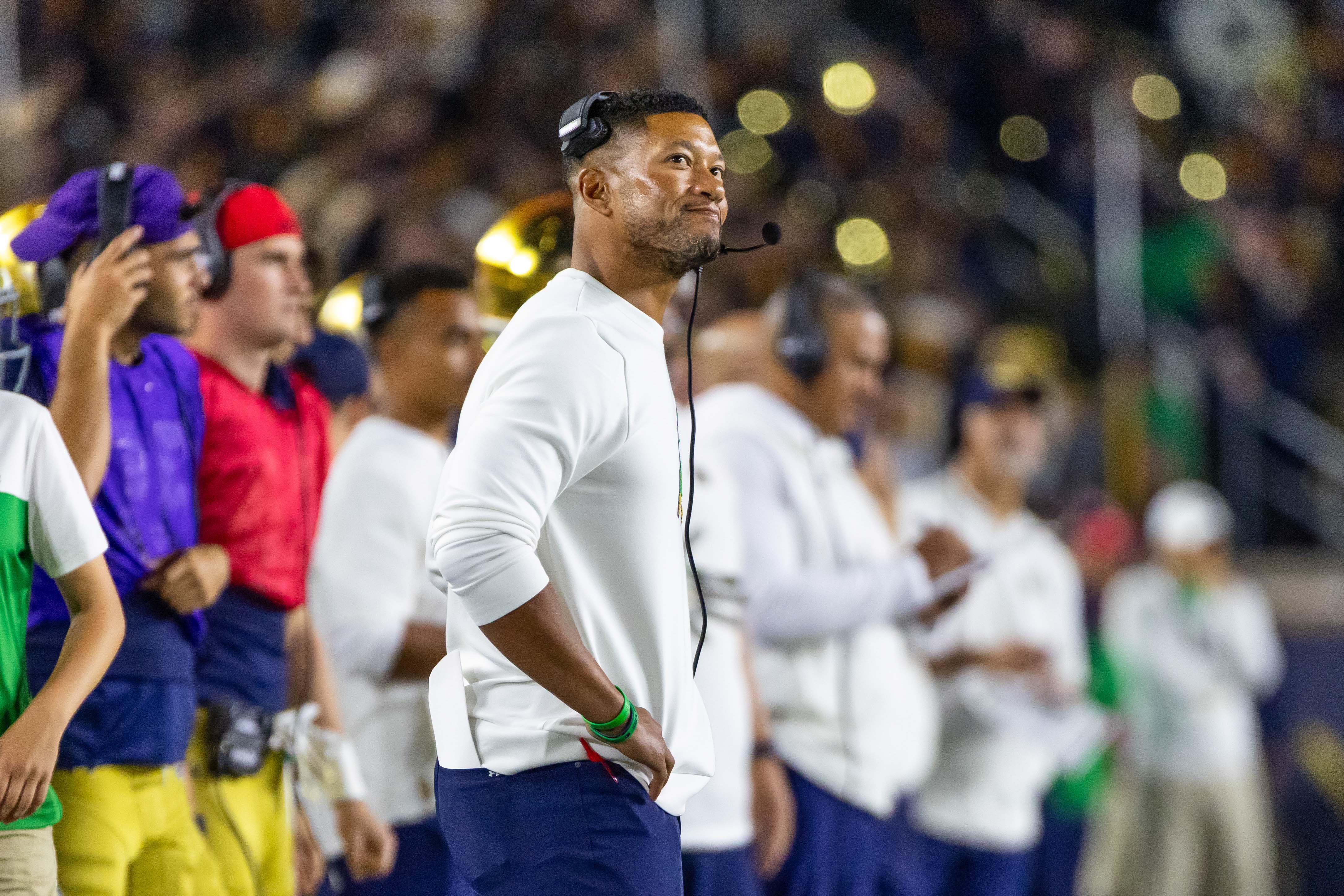 Sep 13, 2025; South Bend, Indiana, USA; Notre Dame Fighting Irish head coach Marcus Freeman looks at the scoreboard during the second half against the Texas A&M Aggies at Notre Dame Stadium. Mandatory Credit: Michael Caterina-Imagn Images