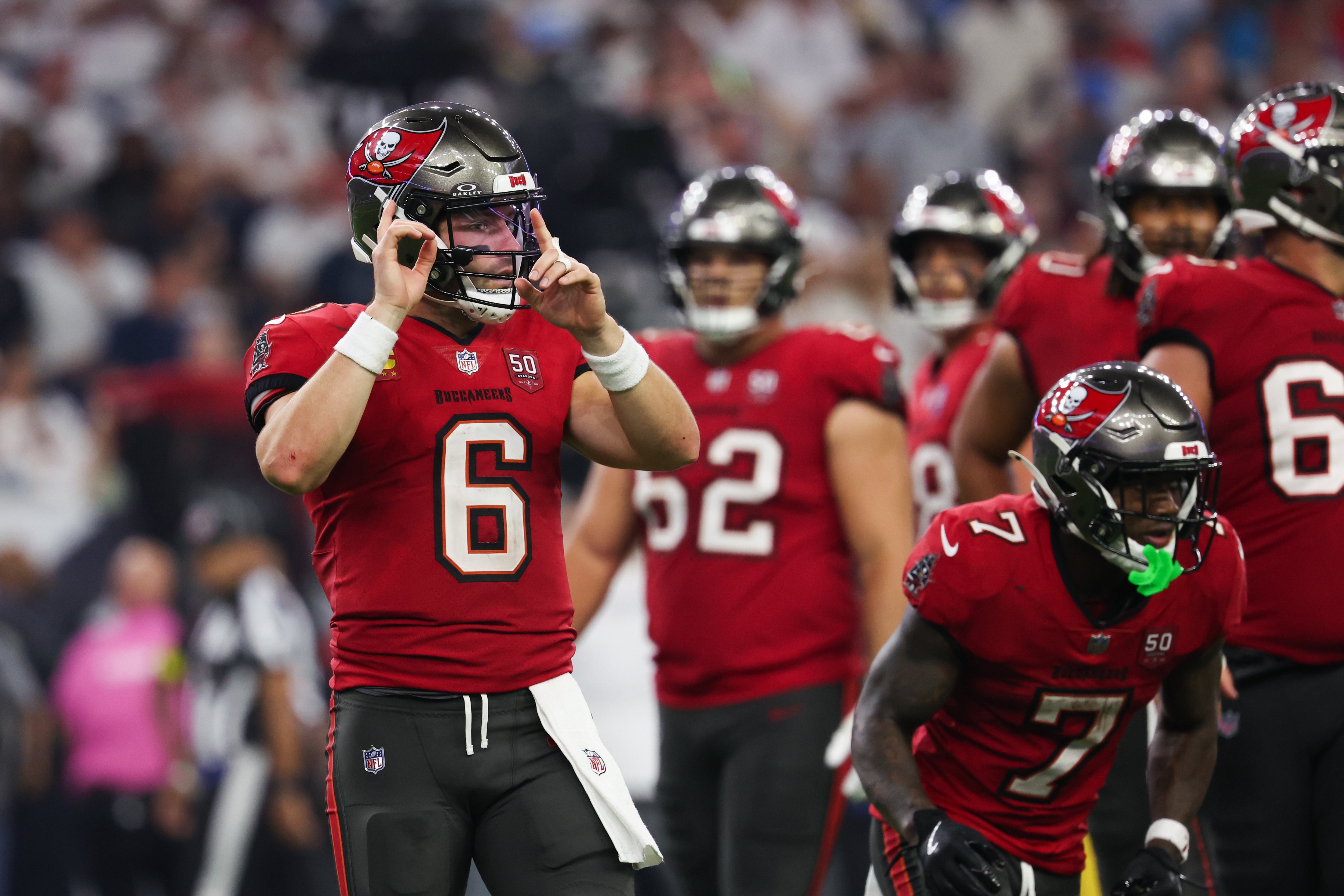 Sep 15, 2025; Houston, Texas, USA; Tampa Bay Buccaneers quarterback Baker Mayfield (6) calls a play during the fourth quarter against the Houston Texans at NRG Stadium.