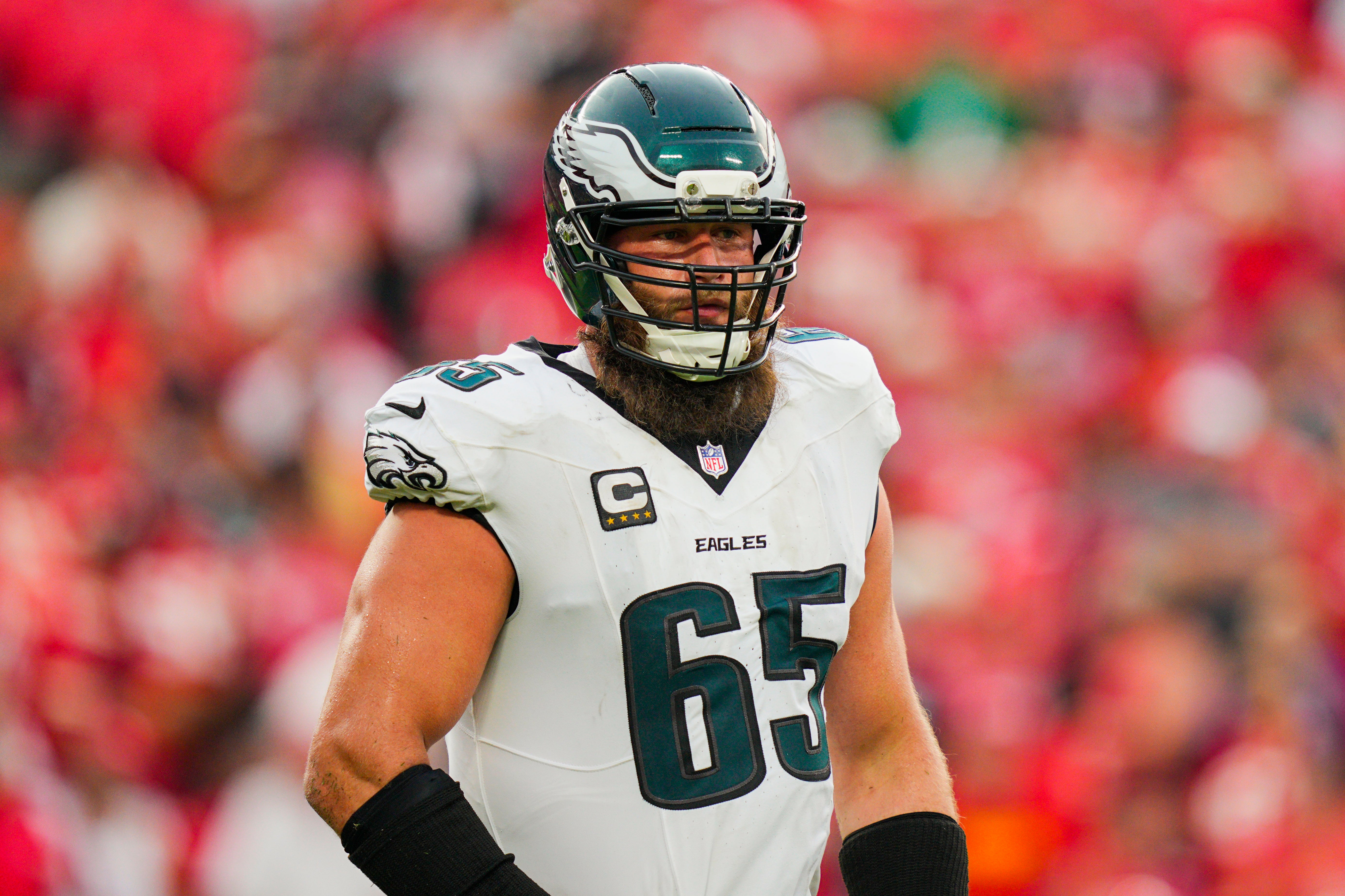 Philadelphia Eagles offensive tackle Lane Johnson (65) reacts during the second half against the Kansas City Chiefs at GEHA Field at Arrowhead Stadium.