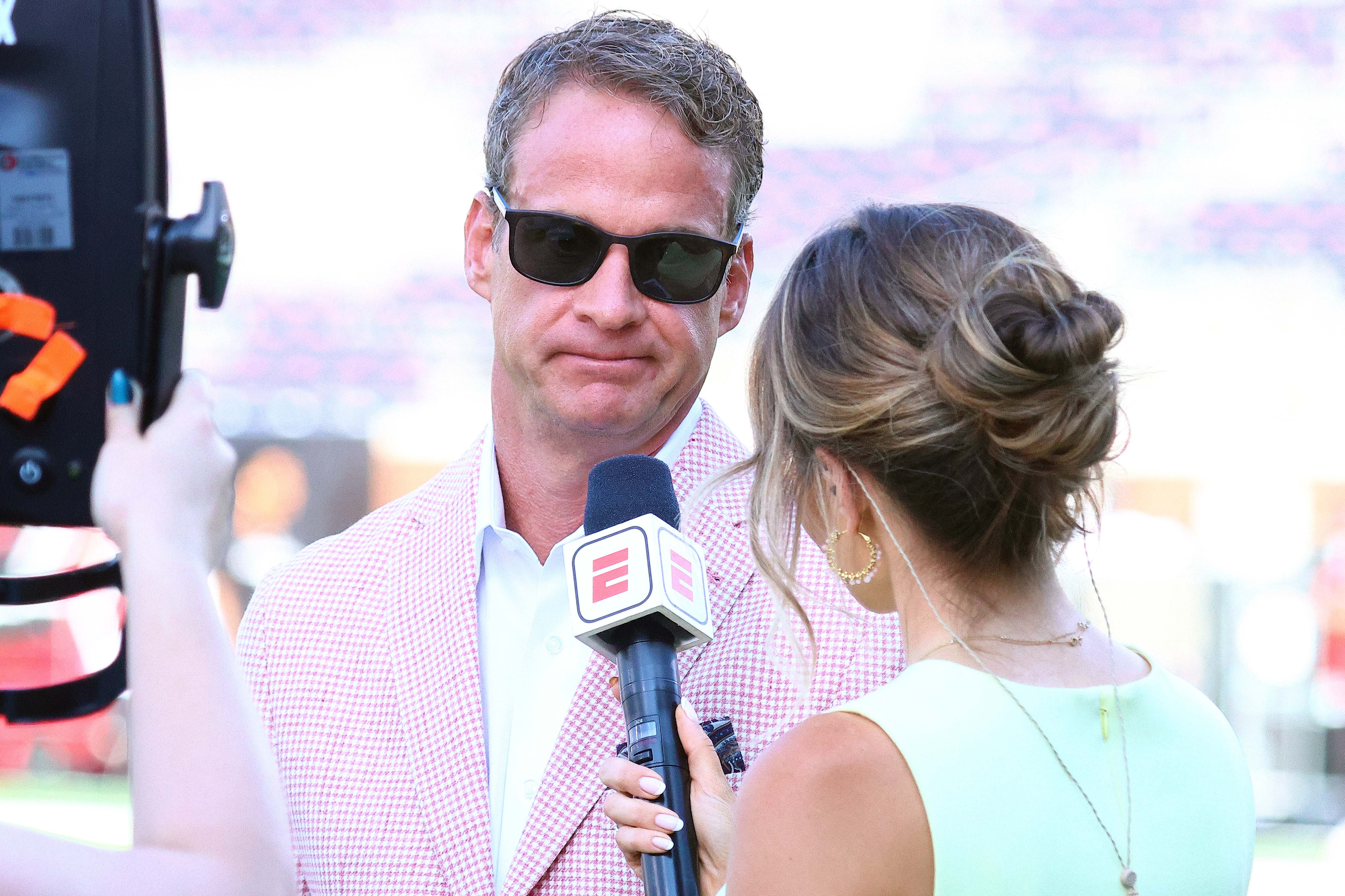 Sep 13, 2025; Oxford, Mississippi, USA; Mississippi Rebels head coach Lane Kiffin being interviewed by ESPN prior to the game against the Arkansas Razorback at Vaught-Hemingway Stadium.