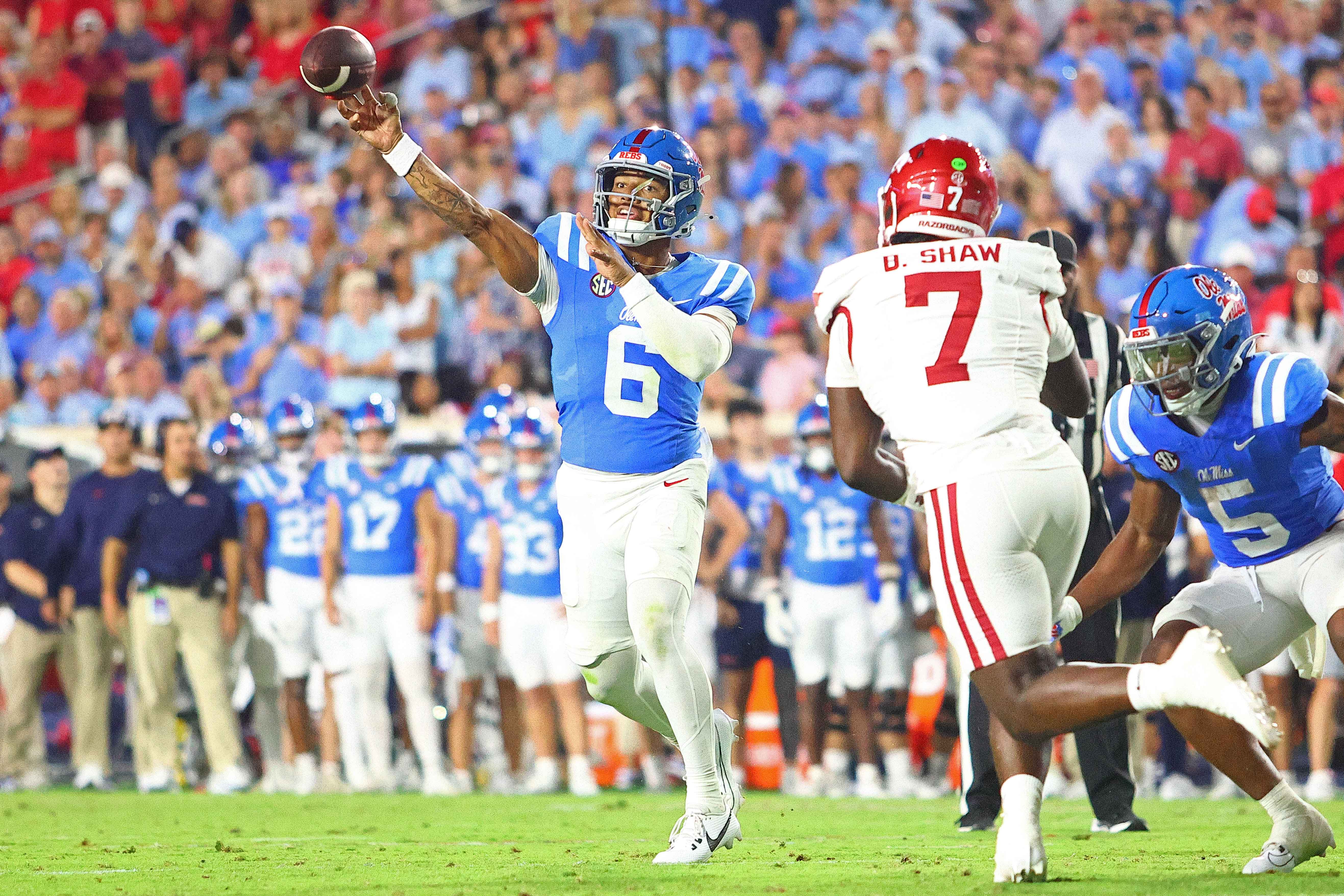 Sep 13, 2025; Oxford, Mississippi, USA; Mississippi Rebels quarterback Trinidad Chambliss (6) passes the ball during the fourth quarter against the Arkansas Razorback at Vaught-Hemingway Stadium.