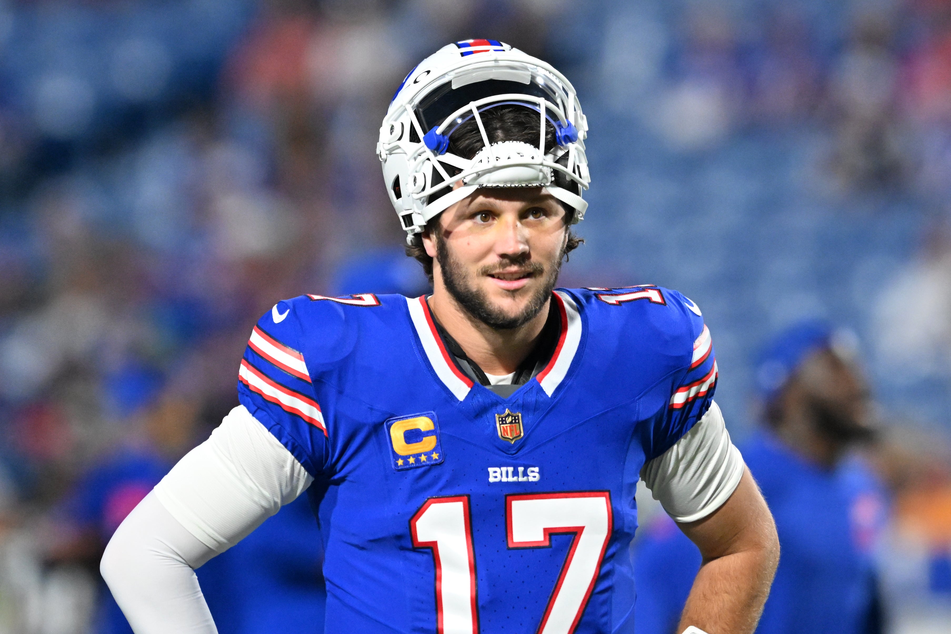 Sep 18, 2025; Orchard Park, New York, USA; Buffalo Bills quarterback Josh Allen (17) looks on before the game against the Miami Dolphins at Highmark Stadium.