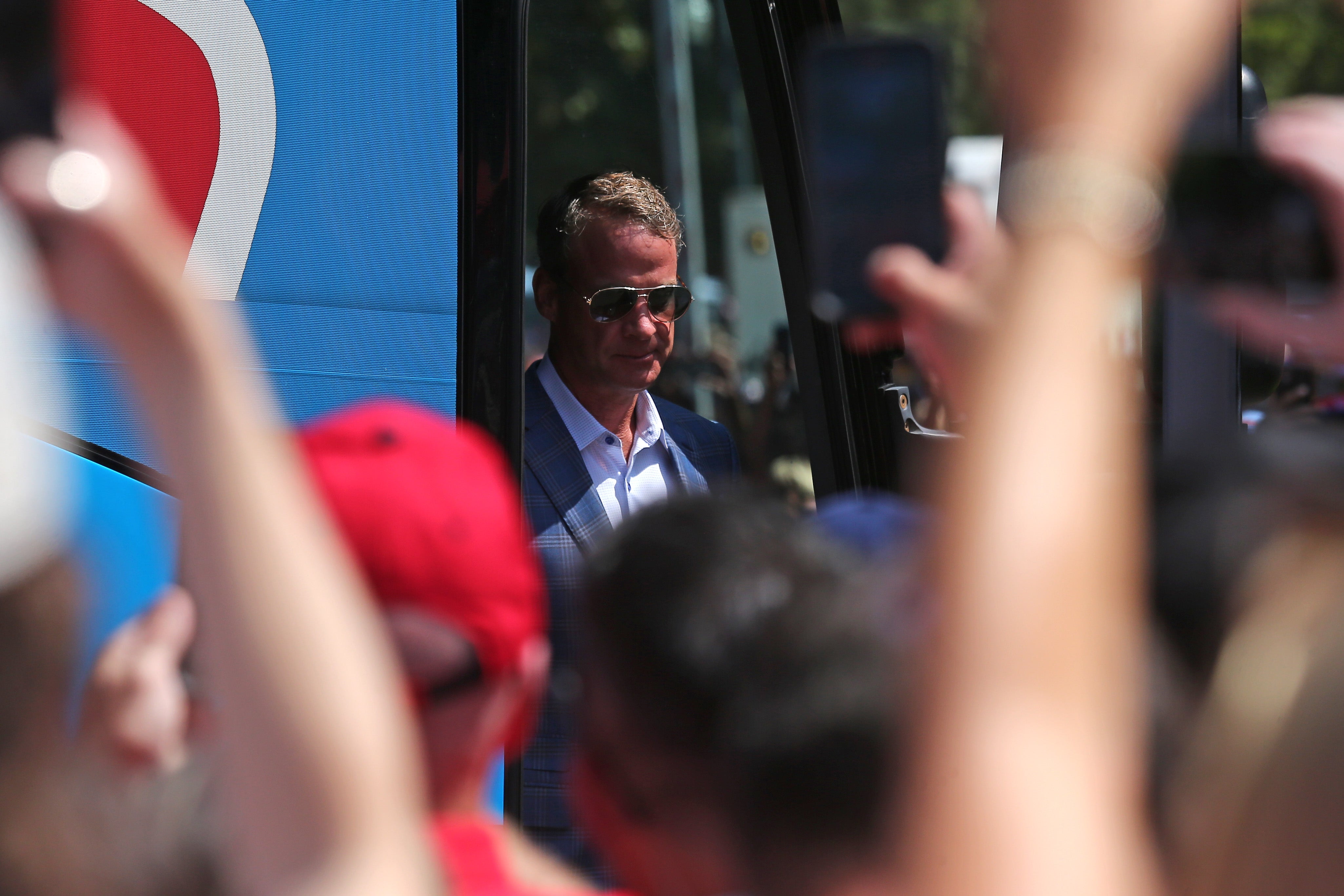 Sep 20, 2025; Oxford, Mississippi, USA; Mississippi Rebels head coach Lane Kiffin gets off the bus at the Walk of Champions prior to the game against the Tulane Green Wave at Vaught-Hemingway Stadium.