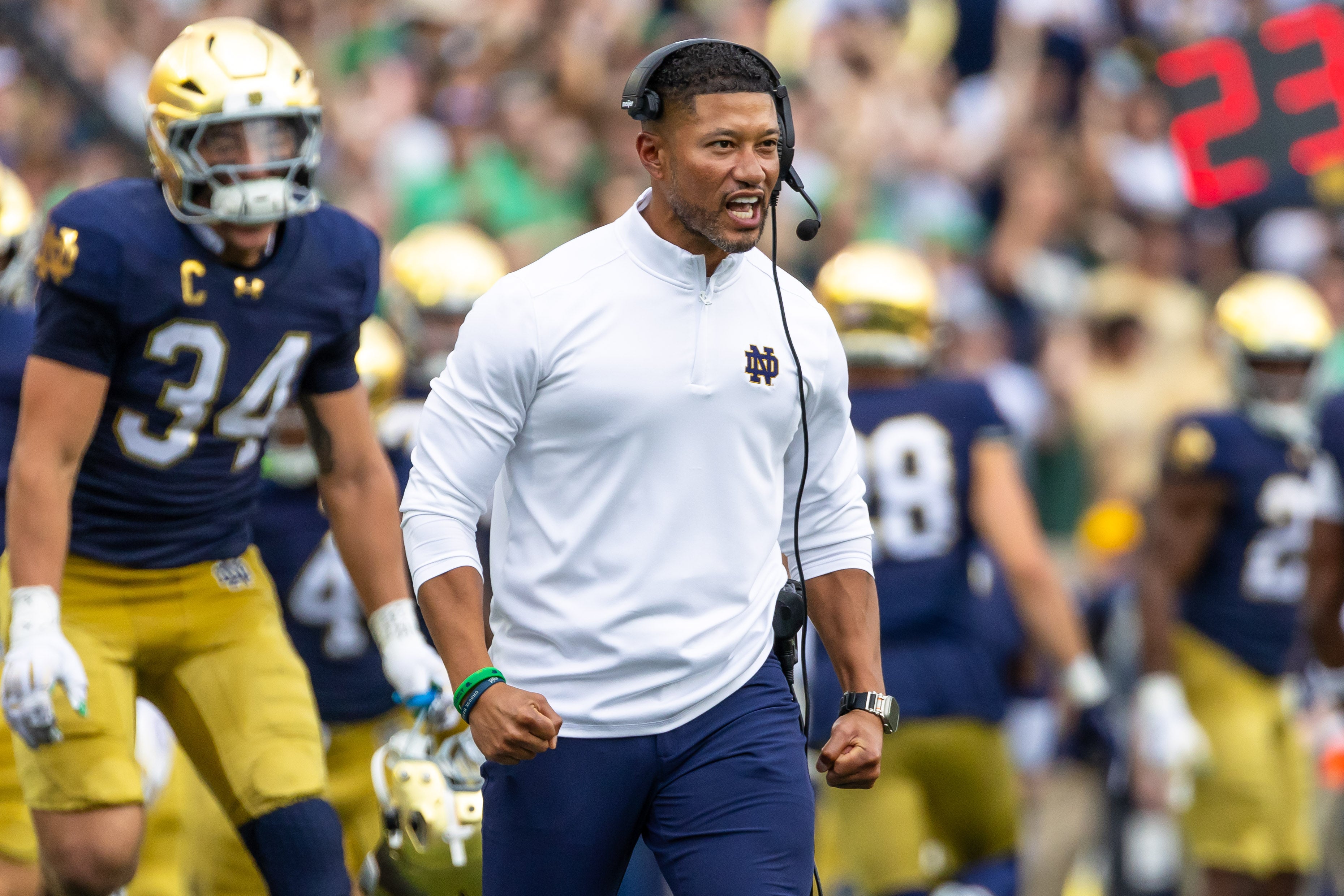 Sep 20, 2025; South Bend, Indiana, USA; Notre Dame Fighting Irish head coach Marcus Freeman celebrates a turnover by the defense against the Purdue Boilermakers during the first half at Notre Dame Stadium. Mandatory Credit: Michael Caterina-Imagn Images