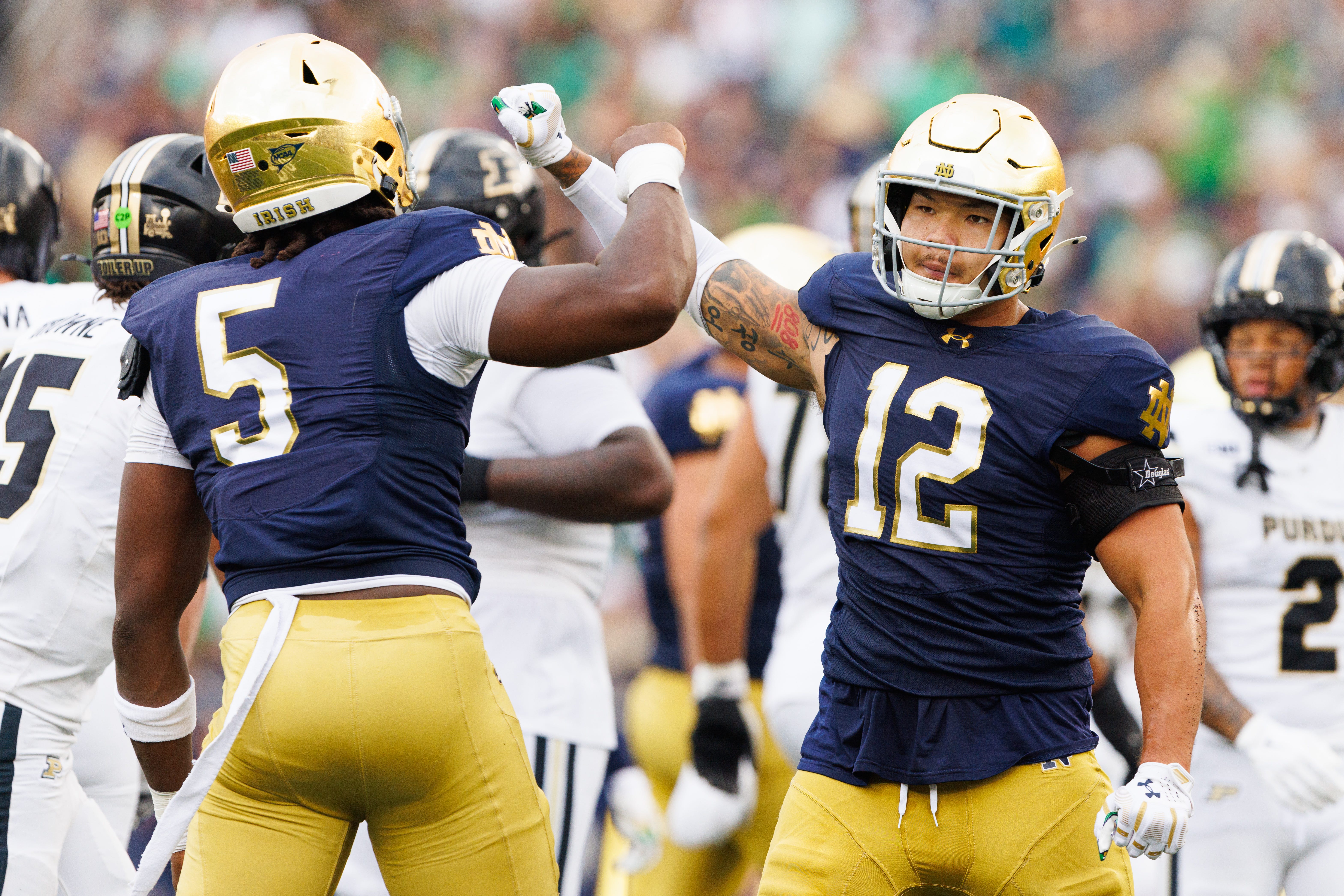 Notre Dame defensive lineman Jordan Botelho (12) and defensive lineman Boubacar Traore (5) celebrate getting a stop during the first half of a NCAA football game against Purdue at Notre Dame Stadium on Saturday, Sept. 20, 2025, in South Bend.