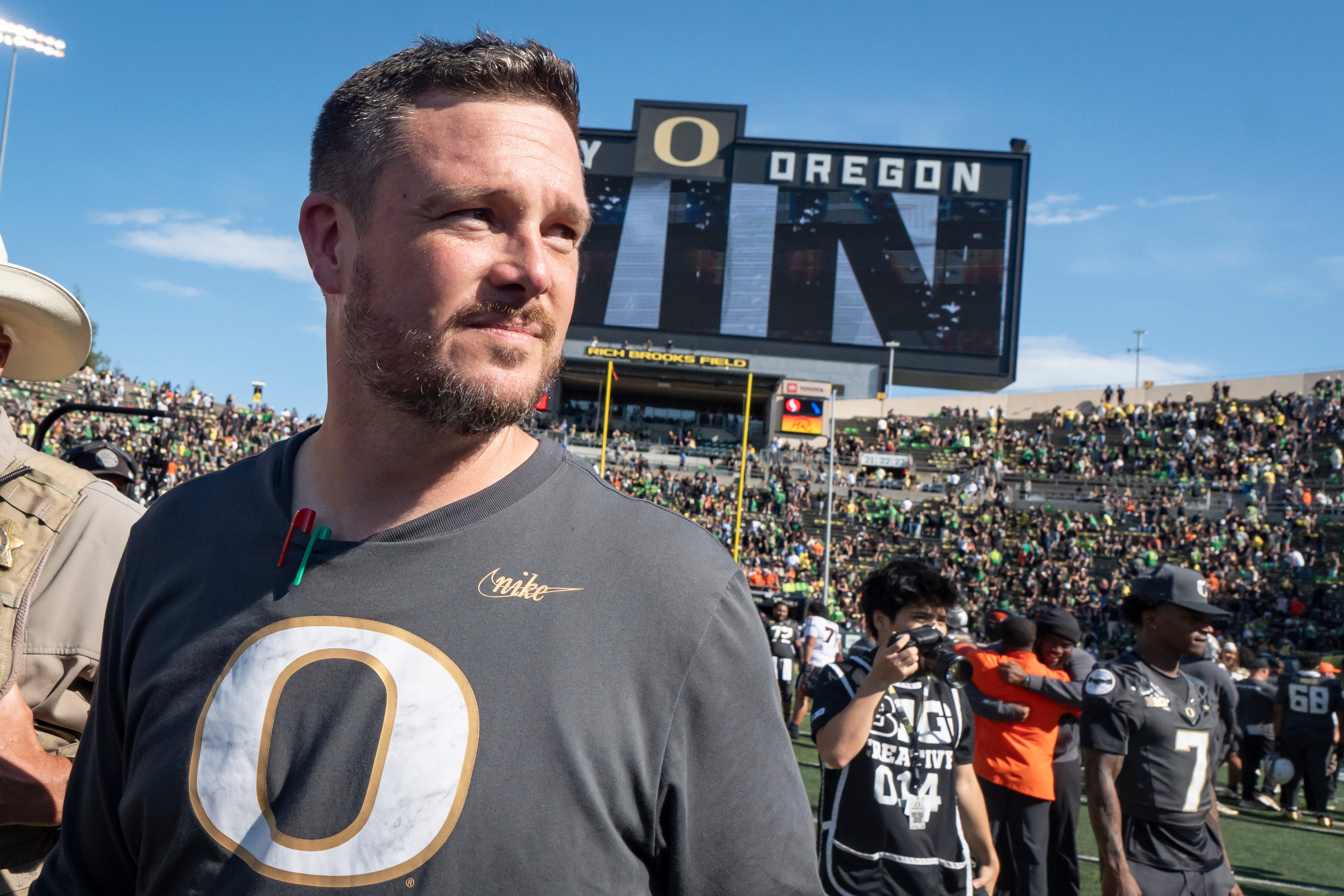 Oregon Ducks head coach Dan Lanning walks off the field as the Oregon Ducks host the Oregon State Beavers Sept. 20, 2025, at Autzen Stadium in Eugene, Oregon.