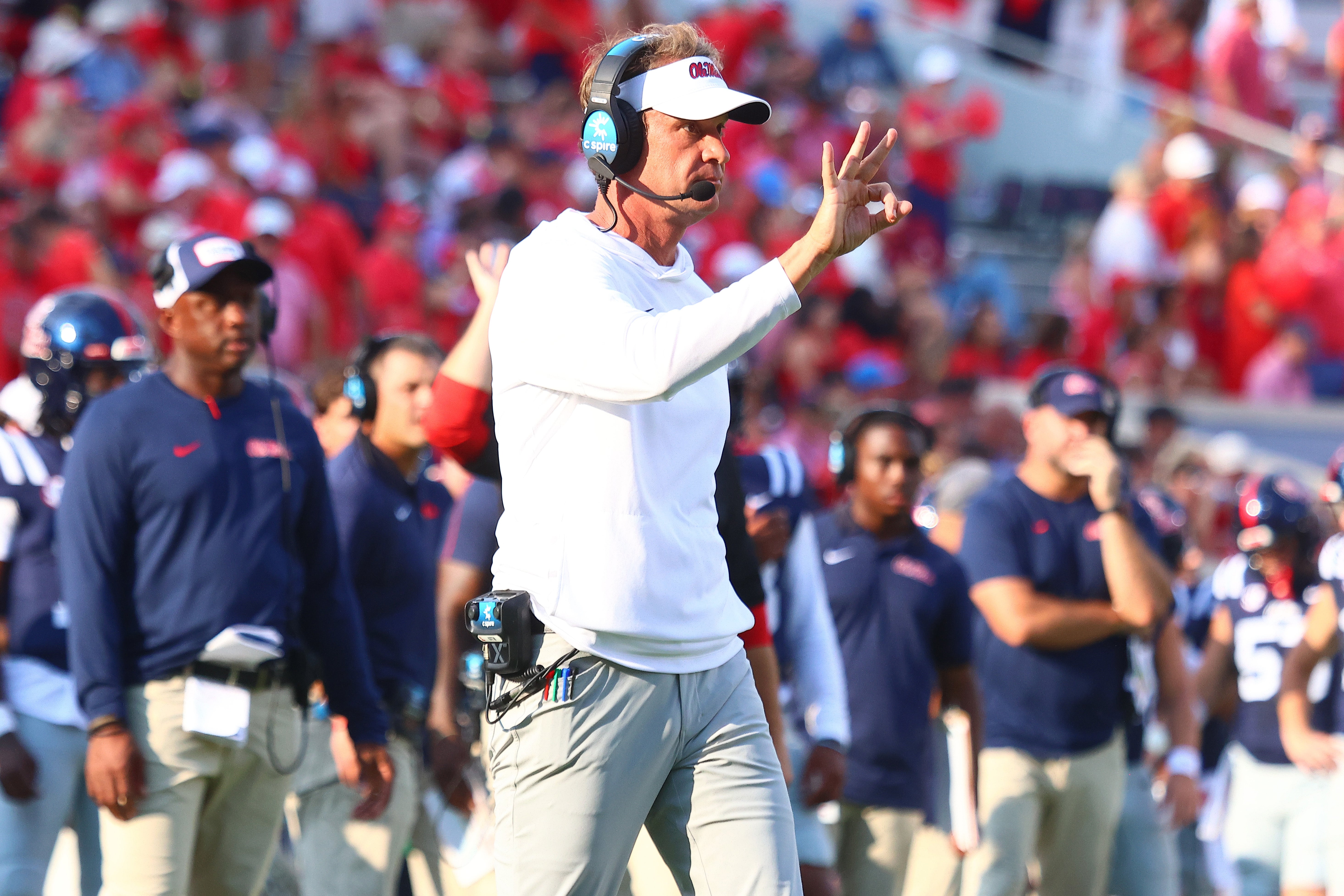 Sep 20, 2025; Oxford, Mississippi, USA; Mississippi Rebels head coach Lane Kiffin reacts during the fourth quarter against the Tulane Green Wave at Vaught-Hemingway Stadium.