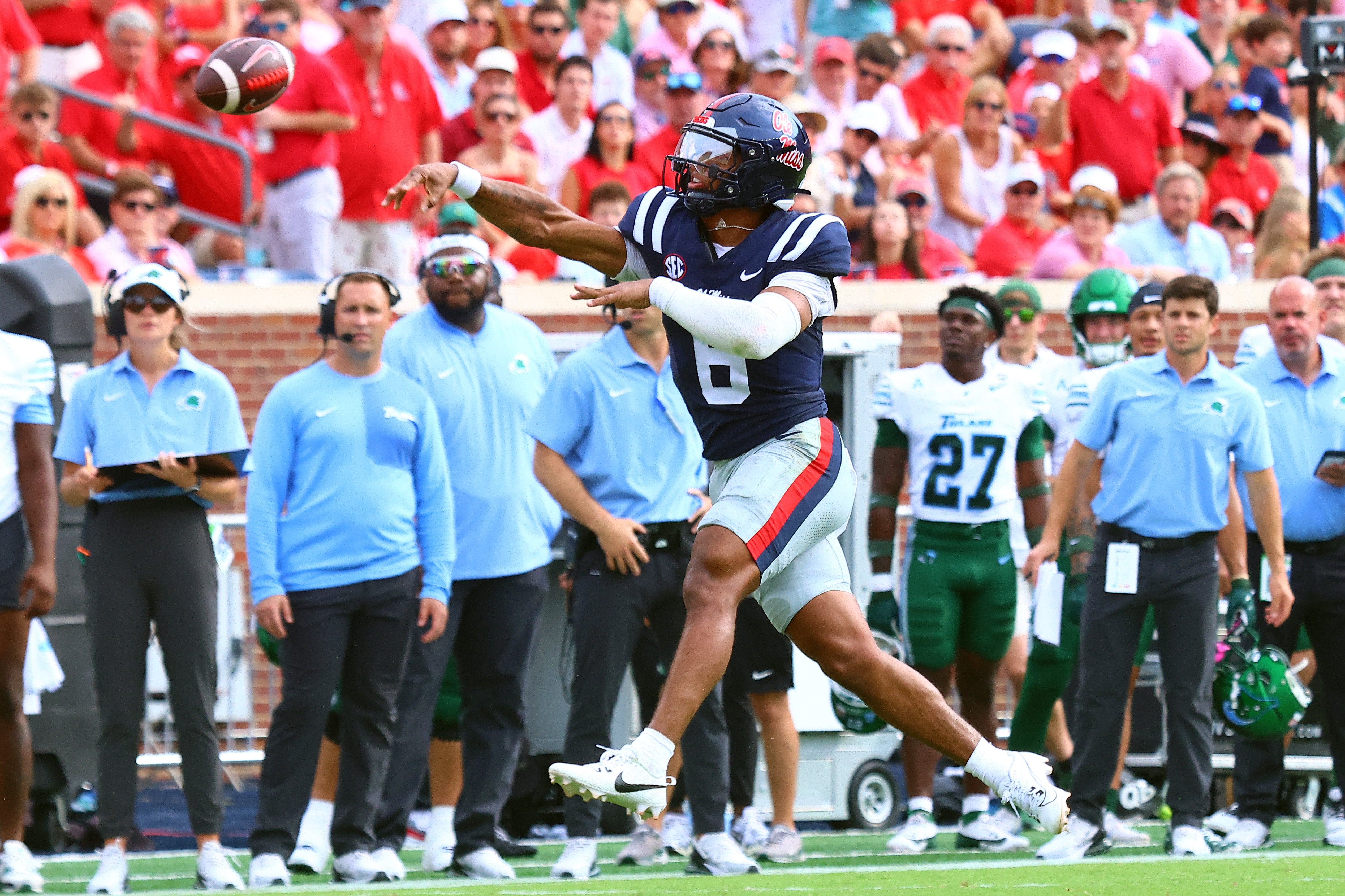 Sep 20, 2025; Oxford, Mississippi, USA; Mississippi Rebels quarterback Trinidad Chambliss (6) passes the ball during the second quarter against the Tulane Green Wave at Vaught-Hemingway Stadium.