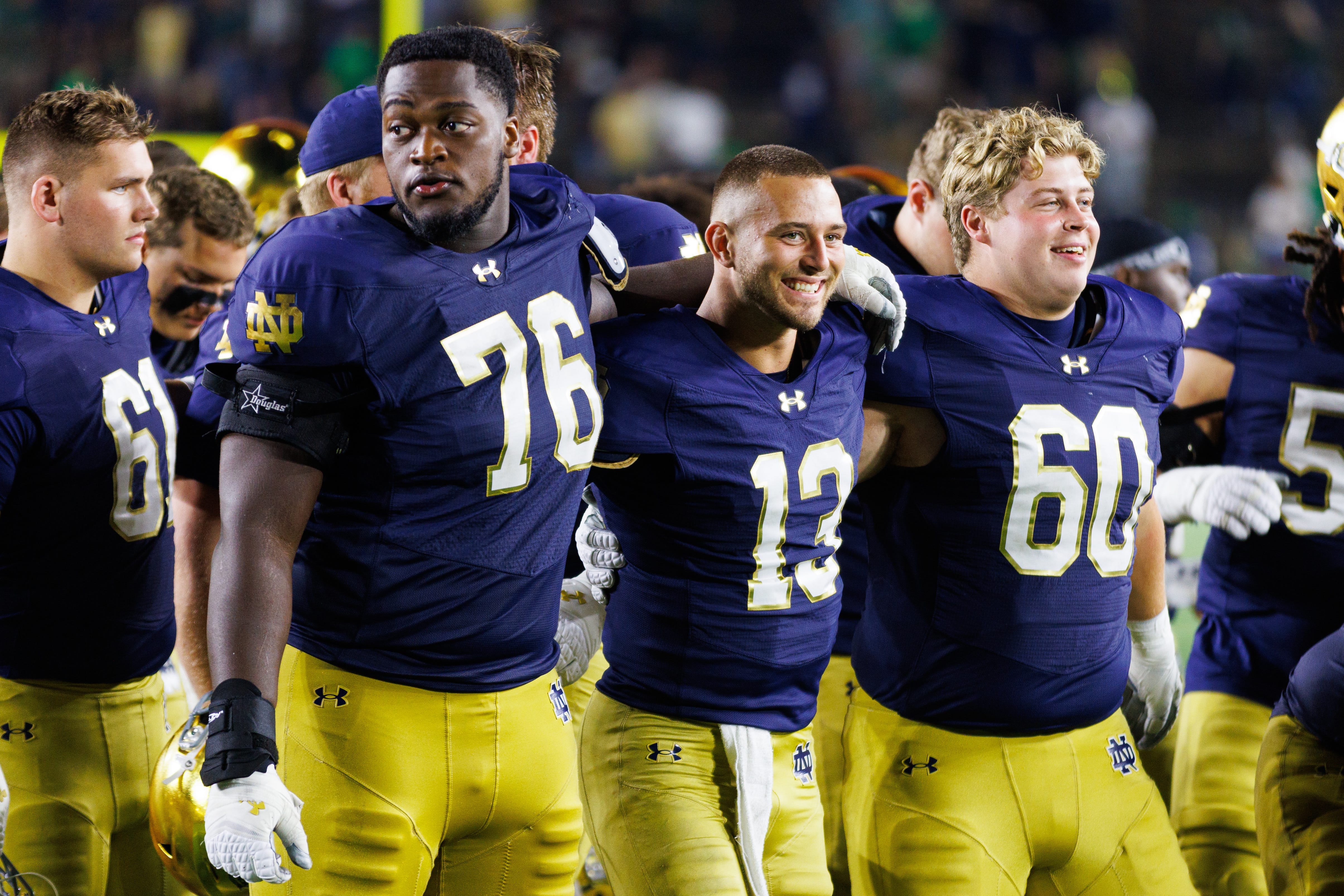 Notre Dame quarterback CJ Carr (13) celebrates after winning a NCAA football game 56-30 against Purdue at Notre Dame Stadium on Saturday, Sept. 20, 2025, in South Bend.