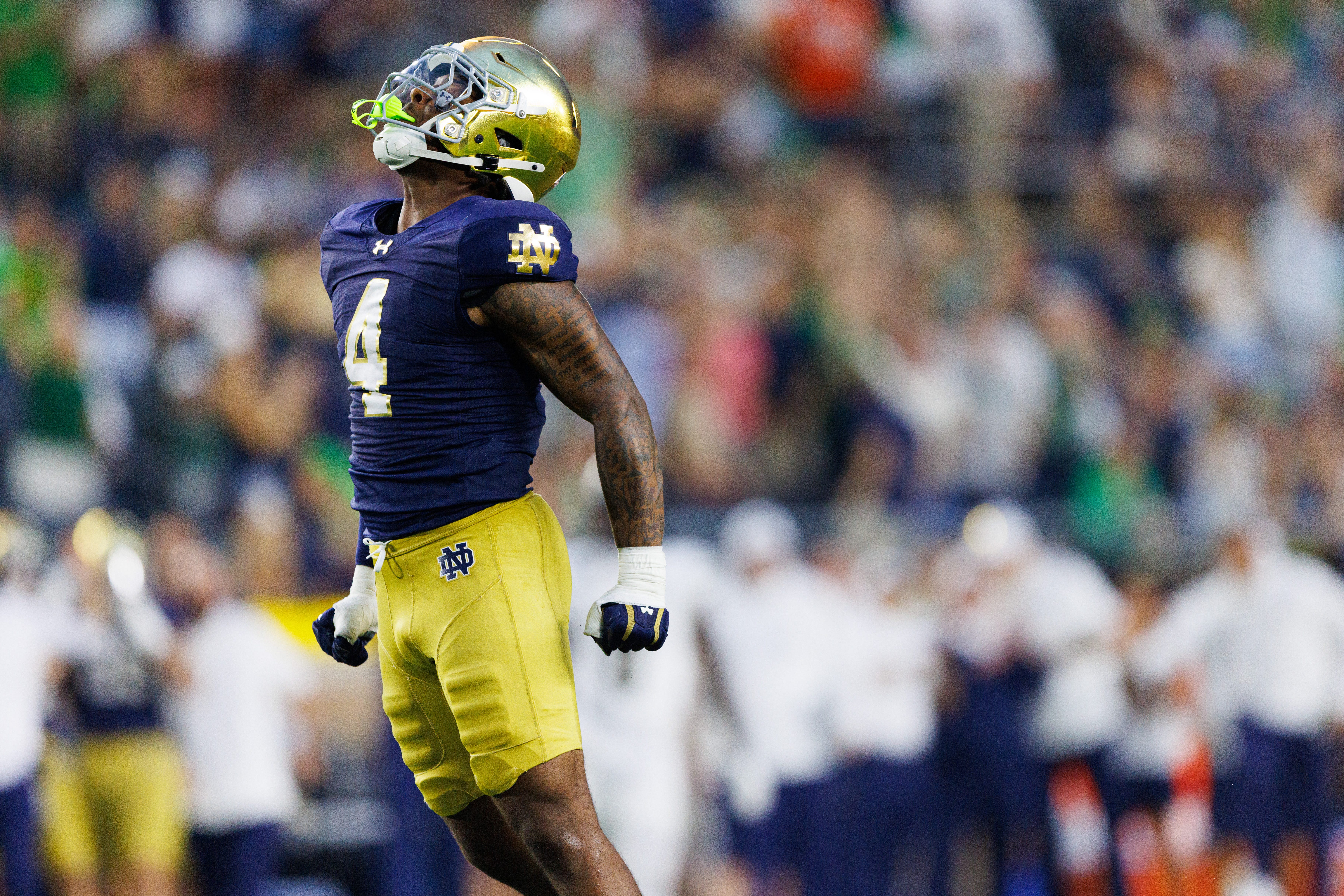Notre Dame linebacker Jaiden Ausberry celebrates assisting with a sack during the second half of a NCAA football game against Purdue at Notre Dame Stadium on Saturday, Sept. 20, 2025, in South Bend.