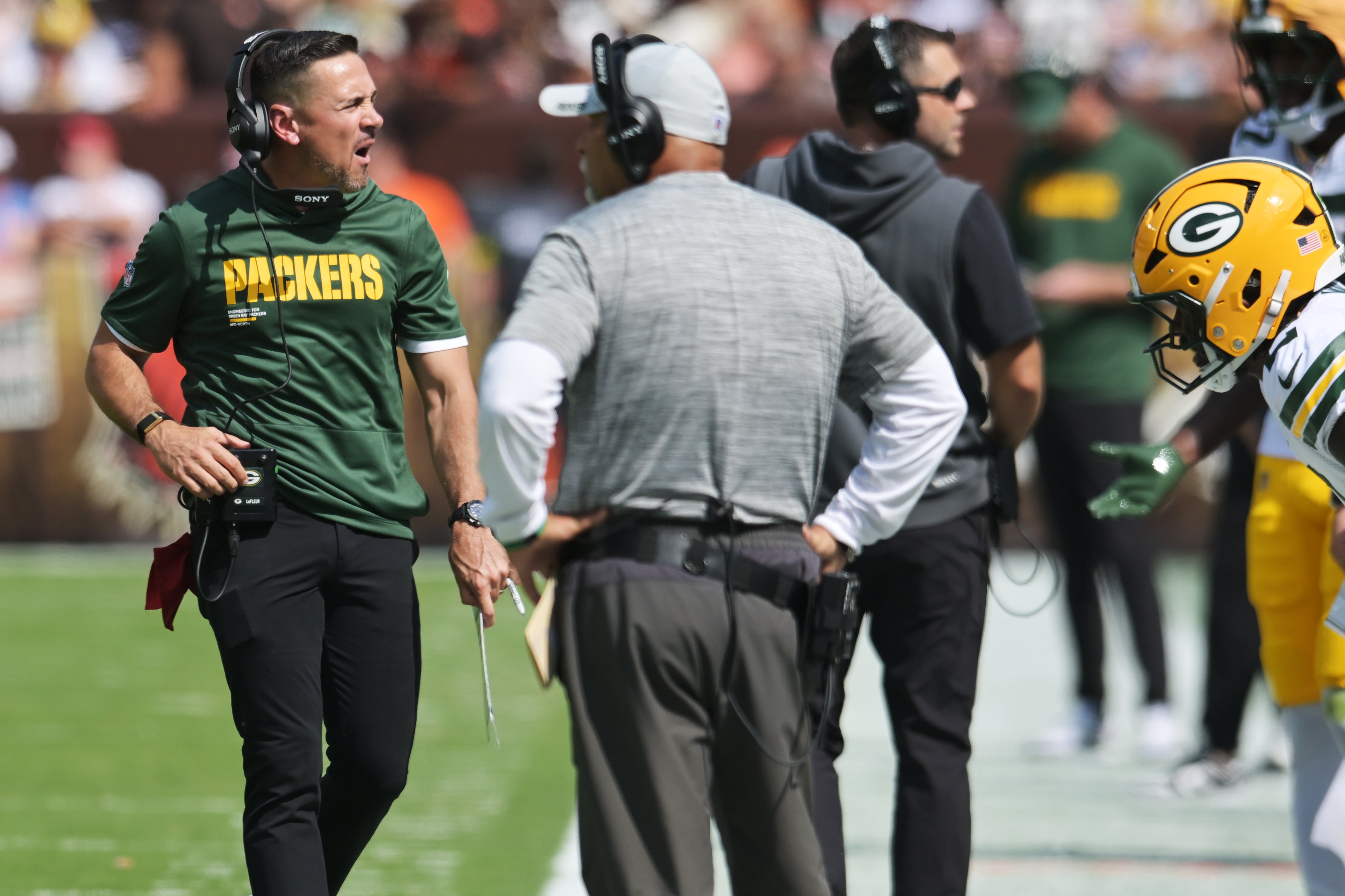 Sep 21, 2025; Cleveland, Ohio, USA; Green Bay Packers head coach Matt LaFleur reacts against the Cleveland Browns during the second quarter at Huntington Bank Field.