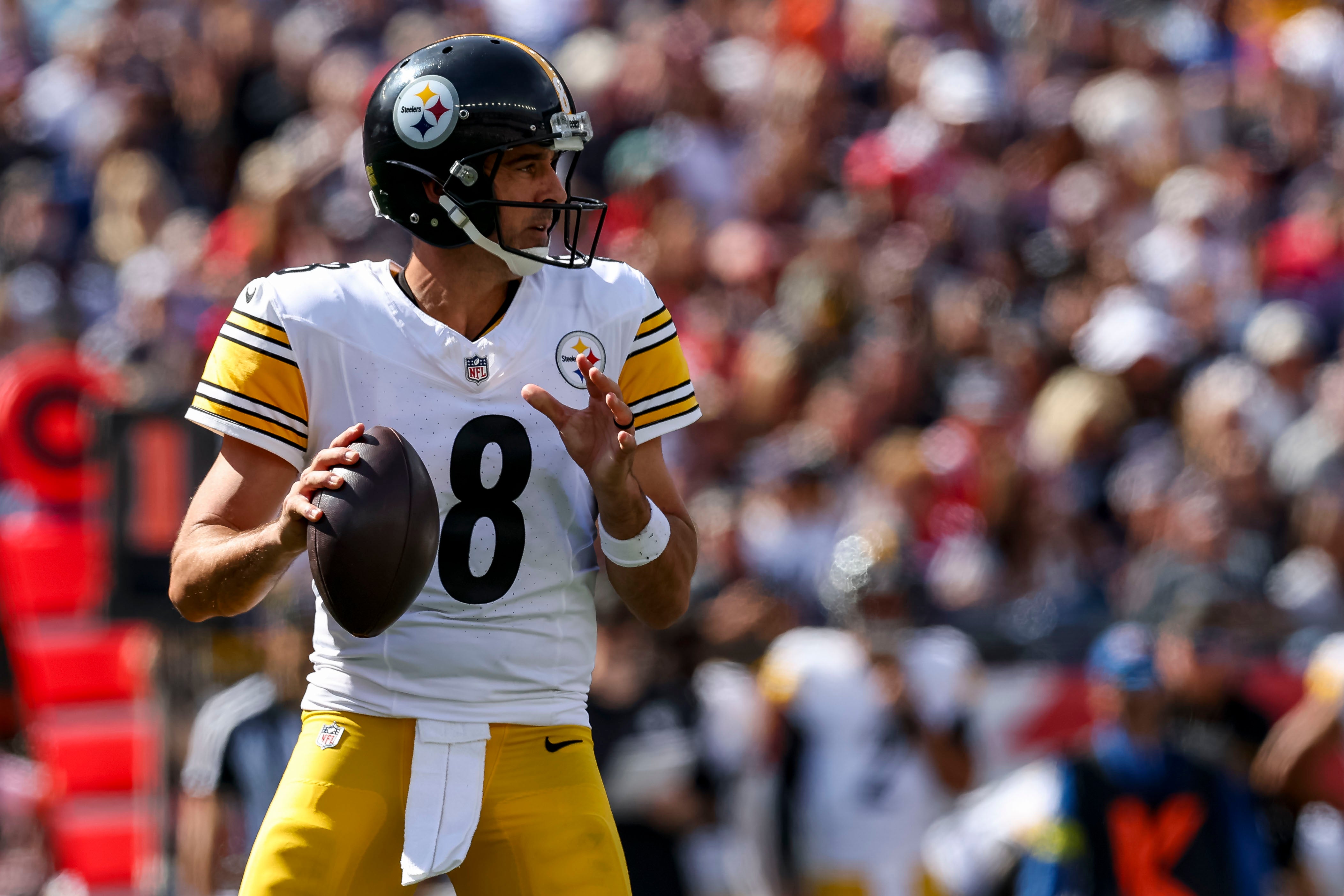 Sep 21, 2025; Foxborough, Massachusetts, USA; Pittsburgh Steelers quarterback Aaron Rodgers (8) during the second quarter at Gillette Stadium.
