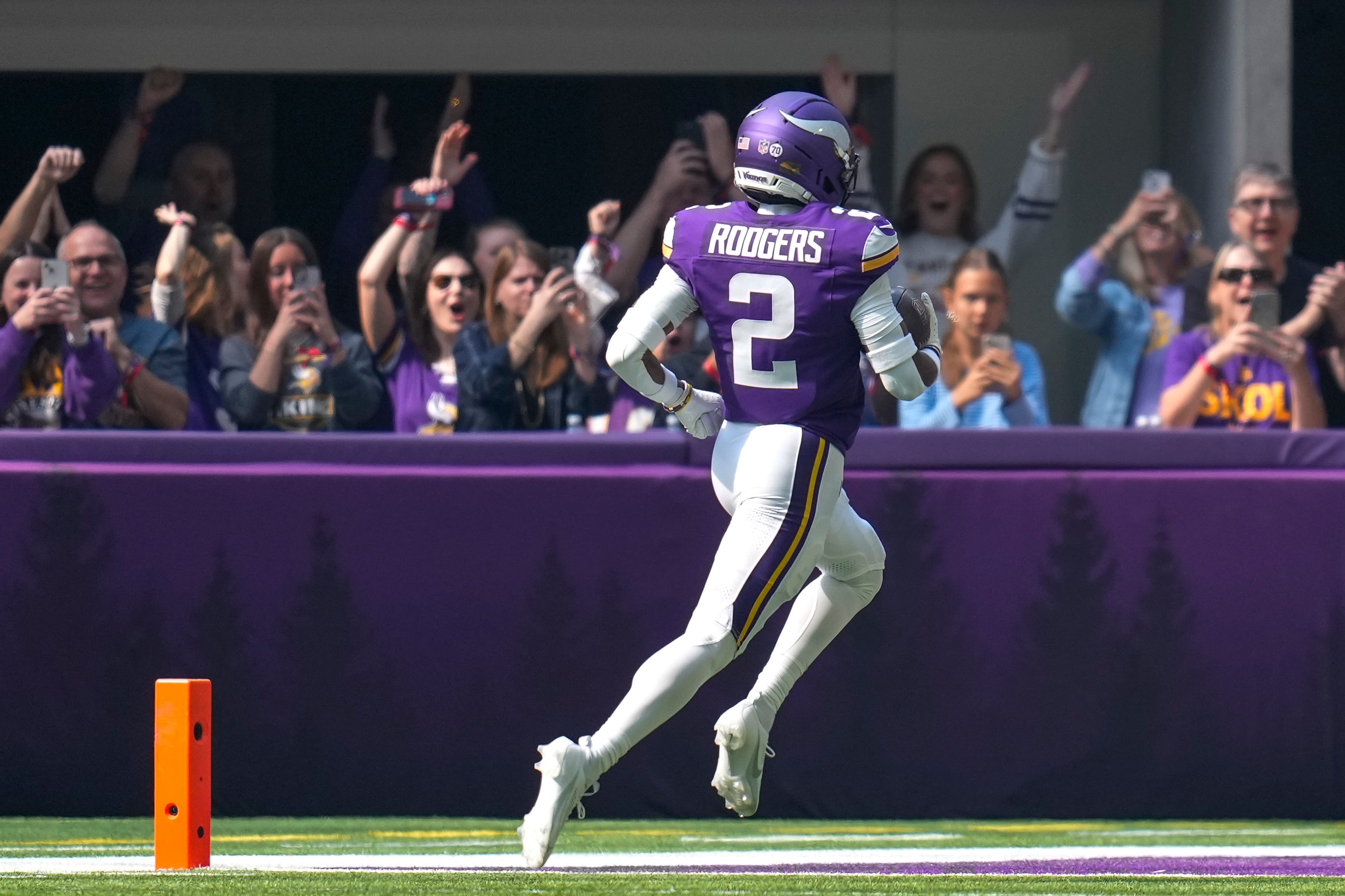 Minnesota Vikings cornerback Isaiah Rodgers (2) runs back an interception for a touchdown in the first quarter of the NFL Week 3 game between the Minnesota Vikings and the Cincinnati Bengals at U.S. Bank Stadium in Minneapolis on Sunday, Sept. 21, 2025.