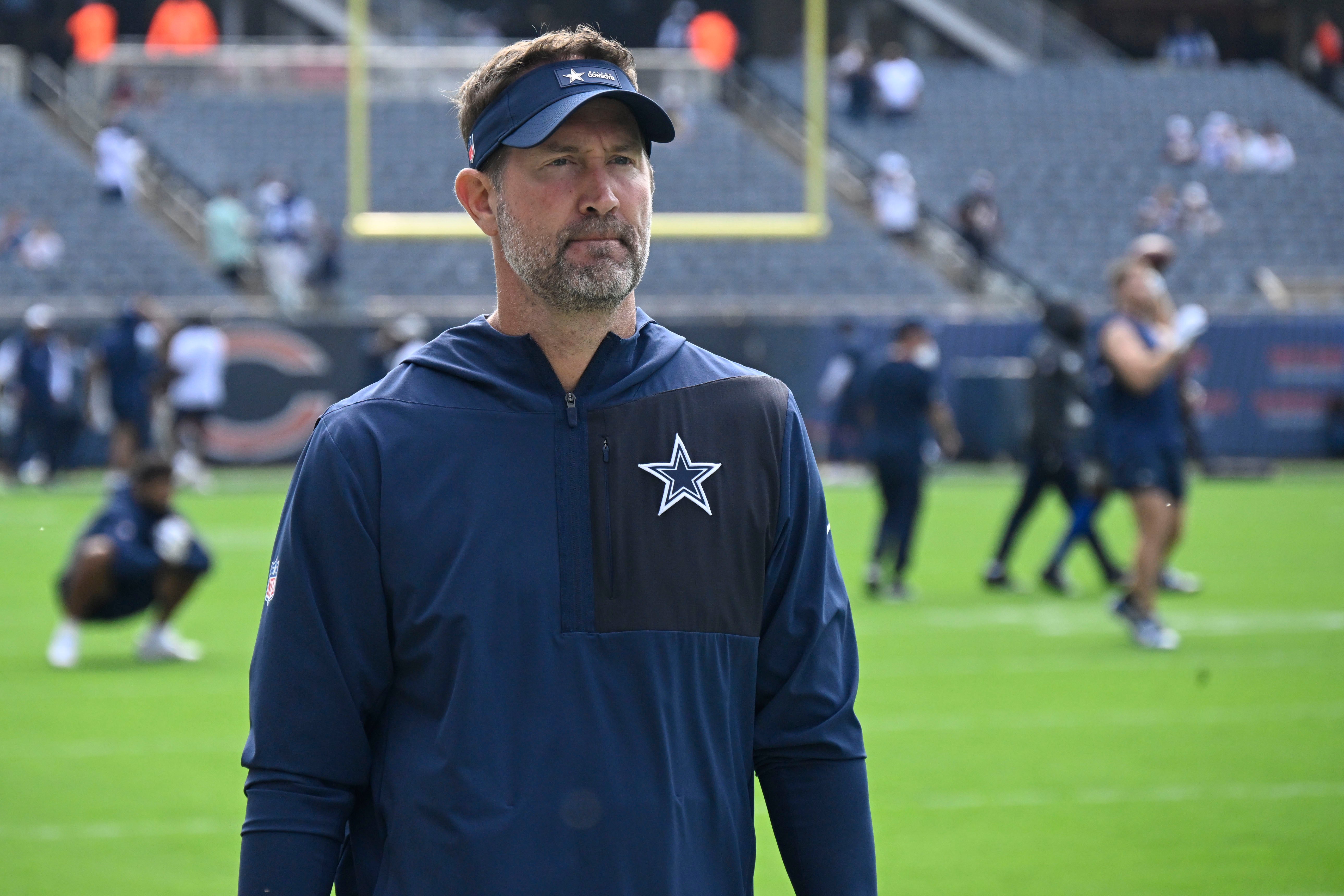 Sep 21, 2025; Chicago, Illinois, USA; Dallas Cowboys head coach Brian Schottenheimer before the game against the Chicago Bears at Soldier Field.